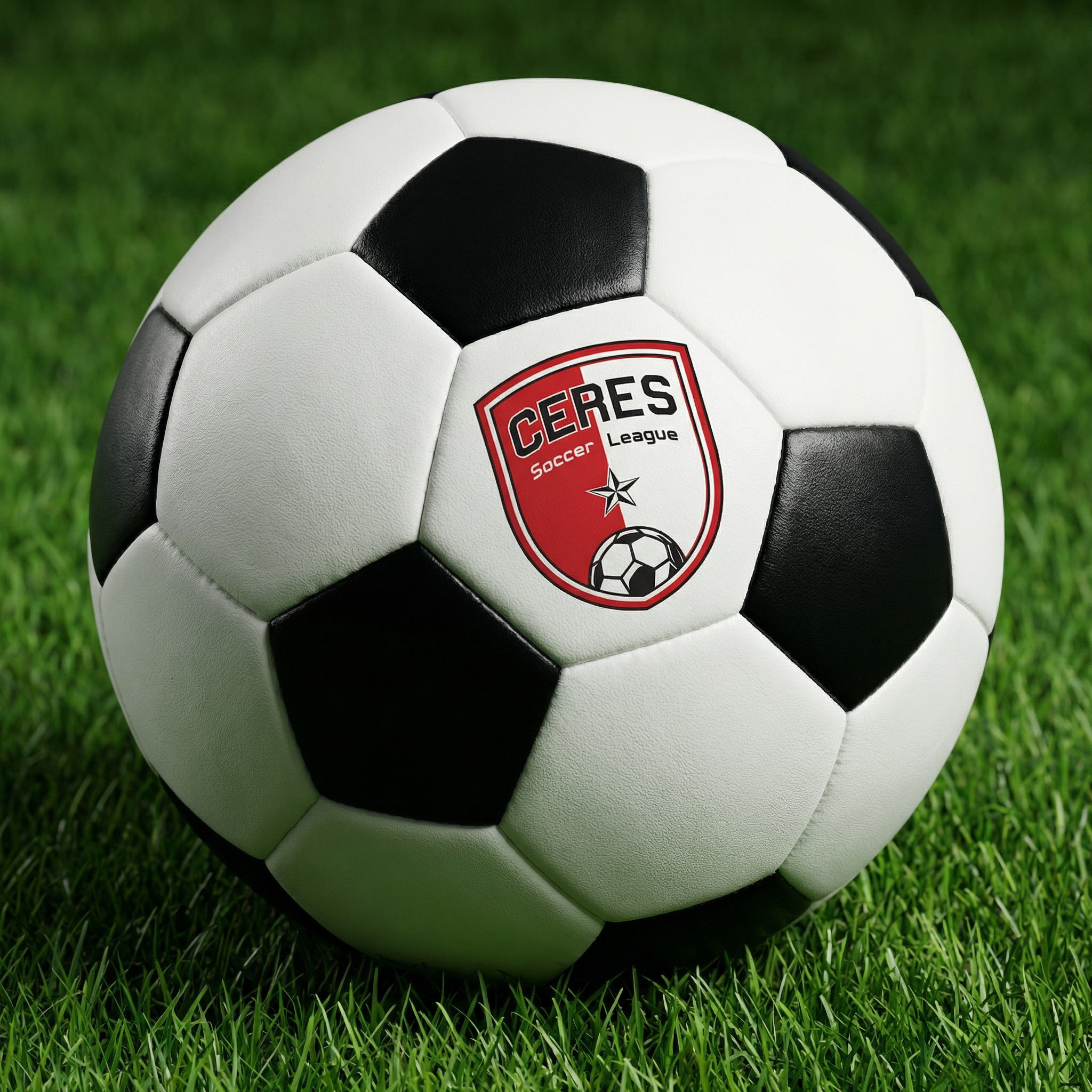 Soccer ball with Ceres Soccer League logo on a grassy field.