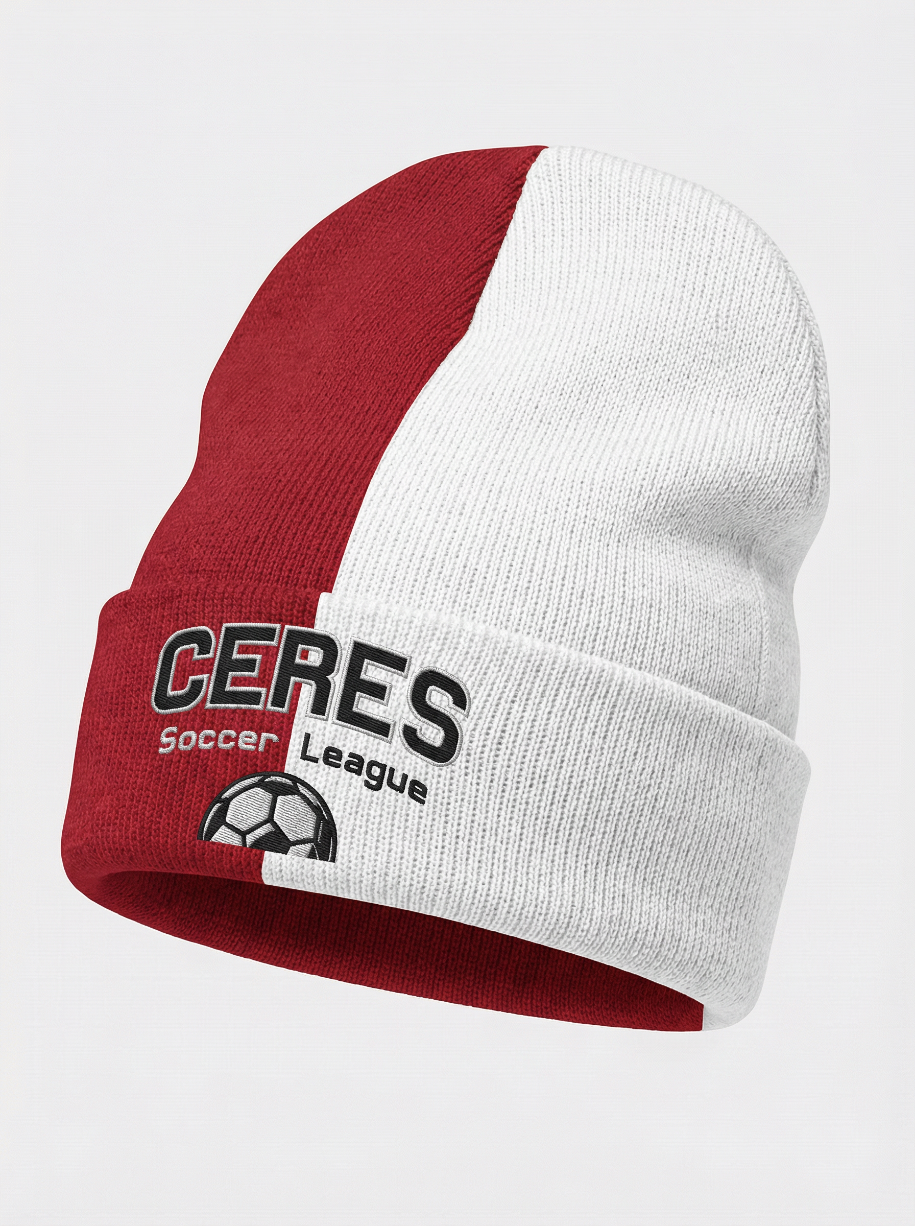 A white and red knit beanie hat with the logo of Ceres Soccer League, featuring a soccer ball and the words 'Ceres Soccer League' embroidered on the front.