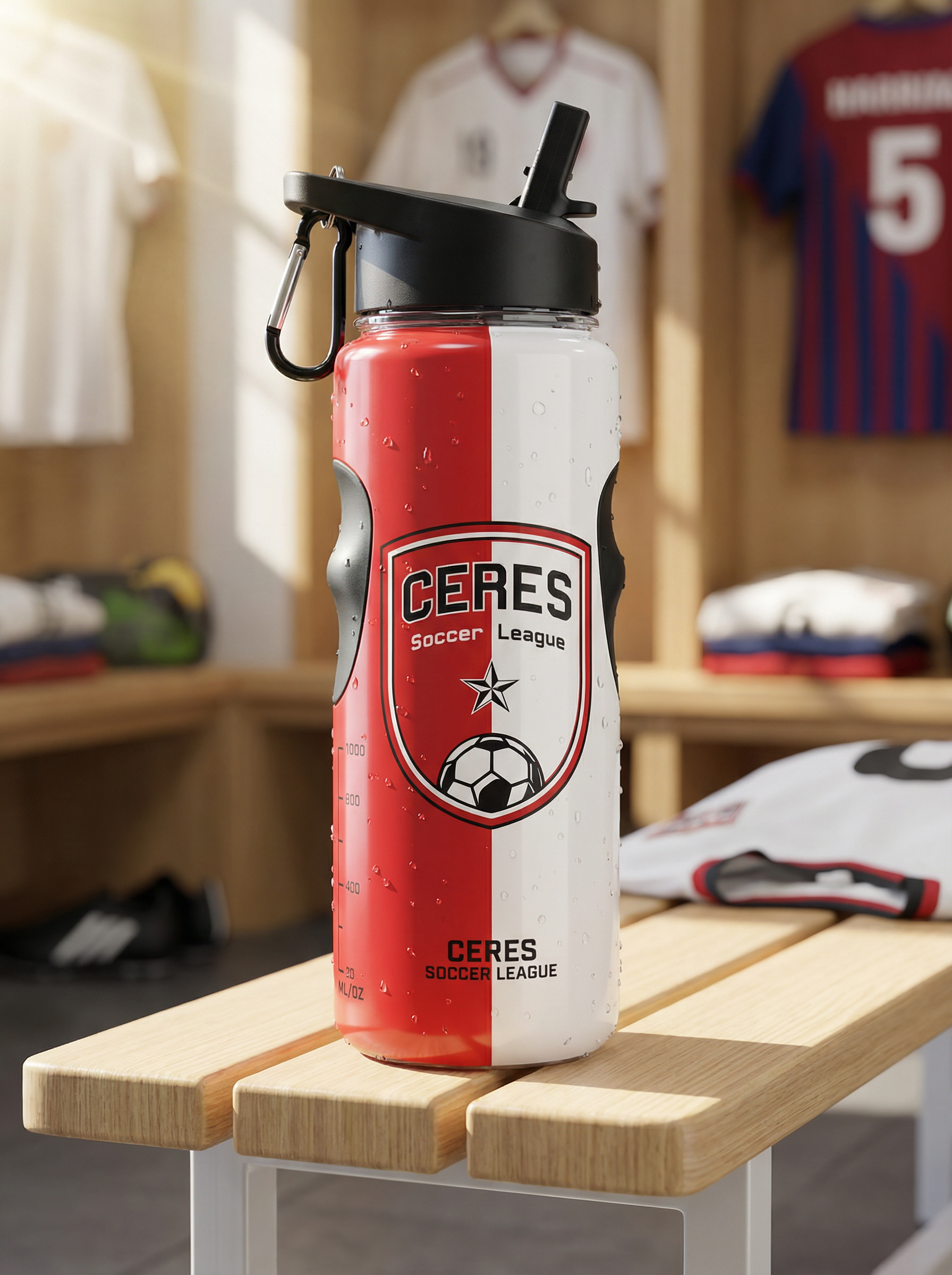 A water bottle with a soccer team logo, placed on a wooden table in a locker room with sports jerseys hanging in the background.