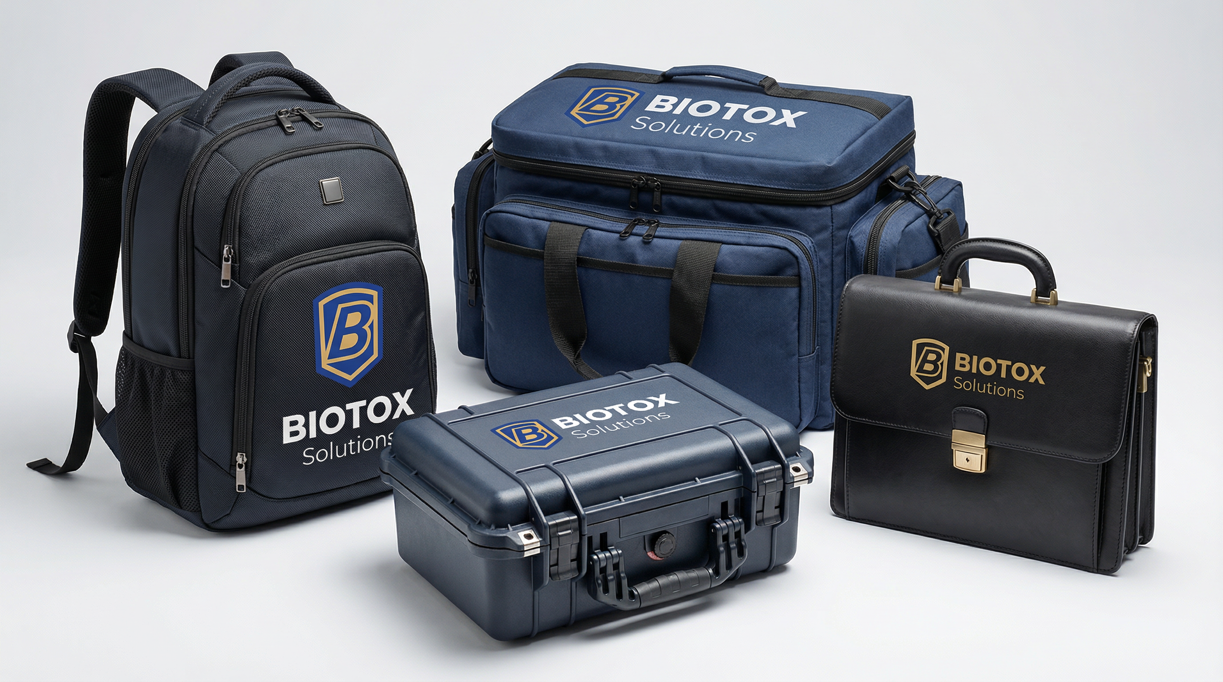 Five different bags and cases with the 'Biotox Solutions' logo, including a backpack, a large duffel bag, a black briefcase, a smaller weatherproof case, and a black leather shoulder bag, all displayed against a white background.