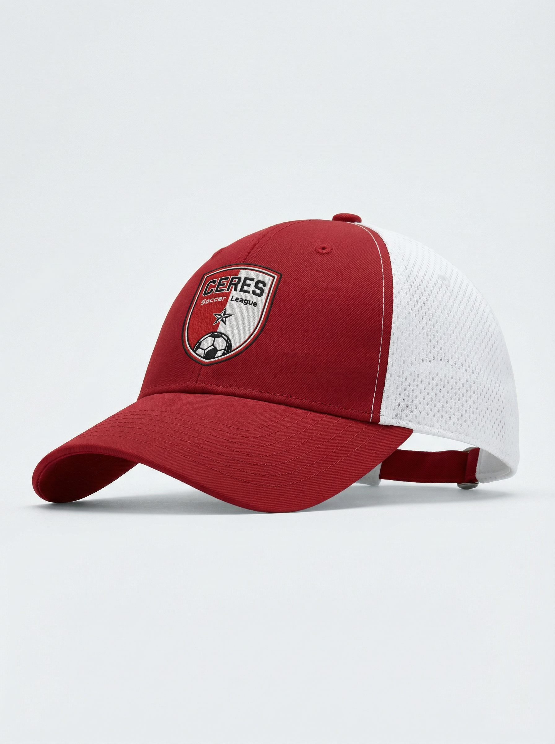 Red and white baseball cap with a 'CERES Soccer League' logo on the front, featuring a soccer ball and a star.
