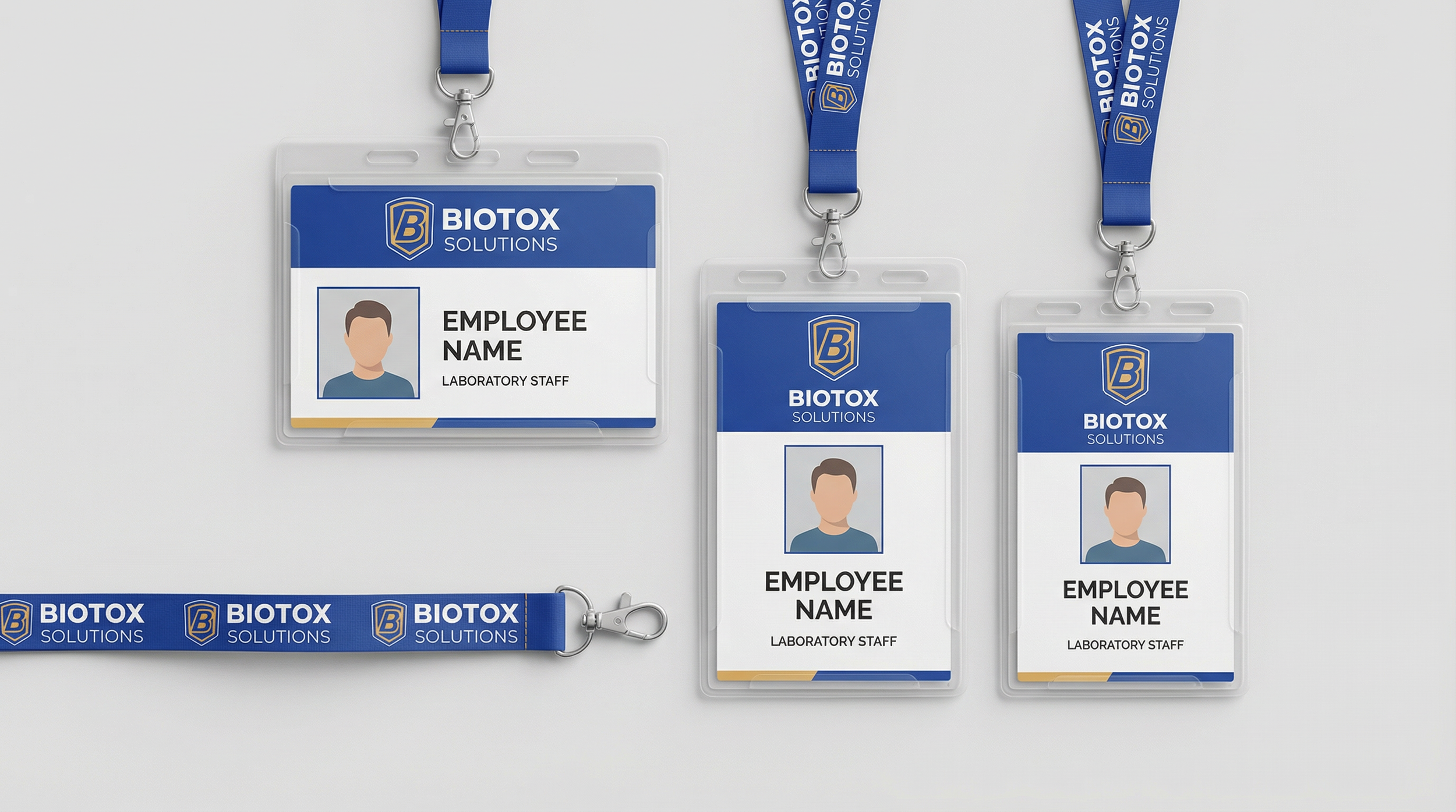 Three Biotox Solutions employee badges with lanyards and one badge reel, featuring a woman’s generic avatar, labeled as Laboratory Staff, displayed on a white background.