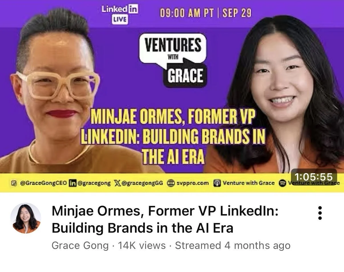 Thumbnail for a YouTube video featuring Minjae Ormes, a former Vice President at LinkedIn, during a LinkedIn Live event titled 'Venture with Grace' scheduled for September 29 at 9:00 AM Pacific Time. The thumbnail includes two women smiling against a purple background, with social media handles and website information at the bottom.