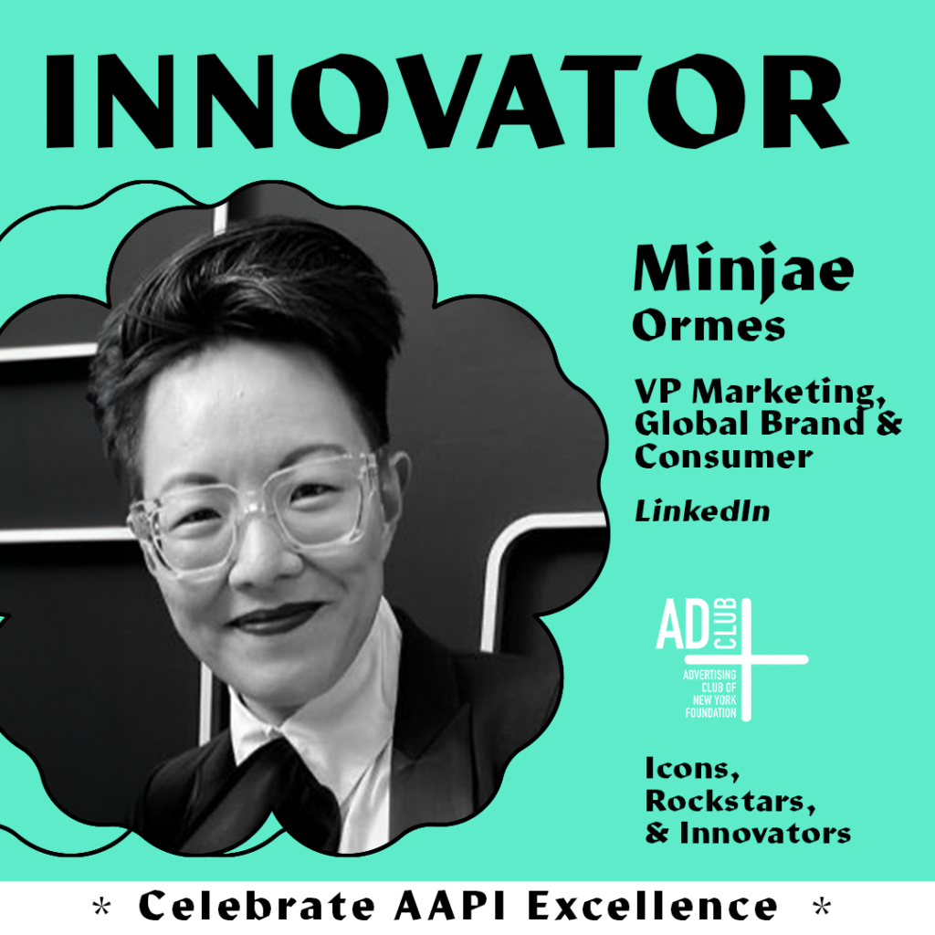 A promotional poster featuring Minjae Ormes, VP of Marketing at LinkedIn, as an innovator at the AD Club event. Includes a black-and-white photo of Minjae Ormes wearing glasses and a suit, with text highlighting her role, the event, and themes of icons, rockstars, and innovators.