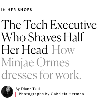 Image of a magazine article titled "The Tech Executive Who Shaves Half Her Head" by Diana Tsui, with photographs by Gabriela Herman, featuring black and white text on a white background.