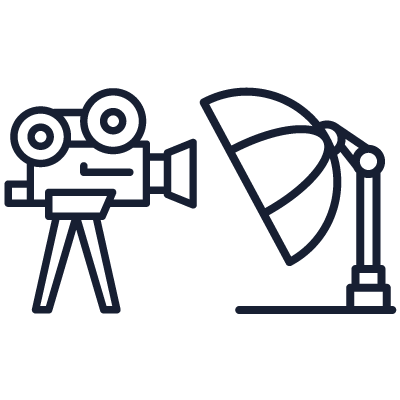 Line drawing of a movie camera and studio light