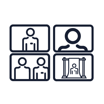 Four video call screens showing various people and a speaker at a podium.