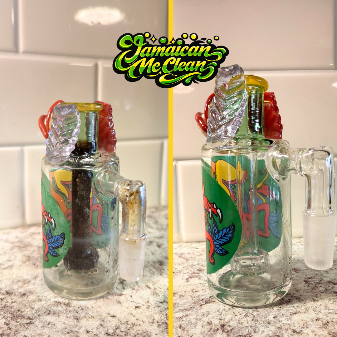 A glass marijuana pipe with a colorful Jamaican flag design, shown before and after cleaning, with a yellow dividing line and the text 'Jamaican Me Clean' at the top.