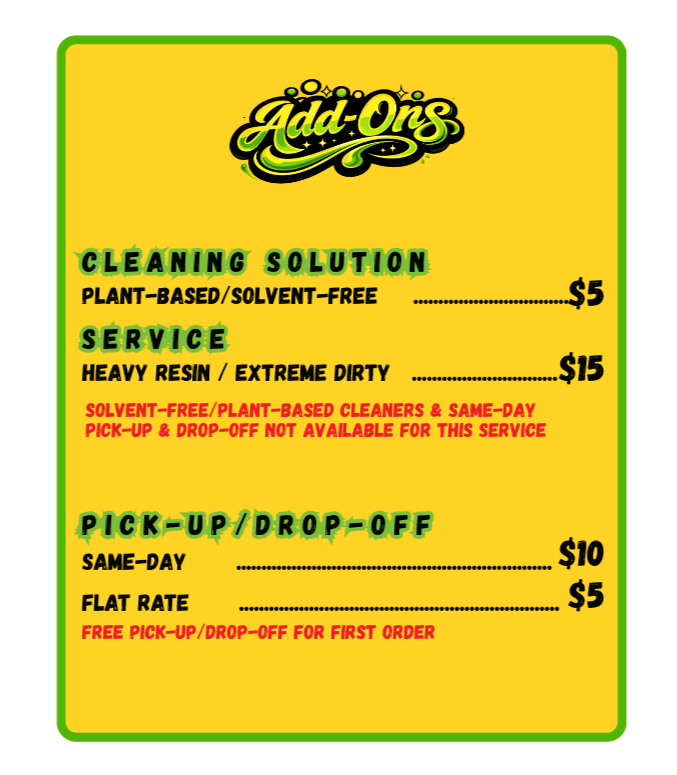 Yellow flyer for Add Ons with green border, offering cleaning solutions, services, and pick-up/drop-off options at various prices.