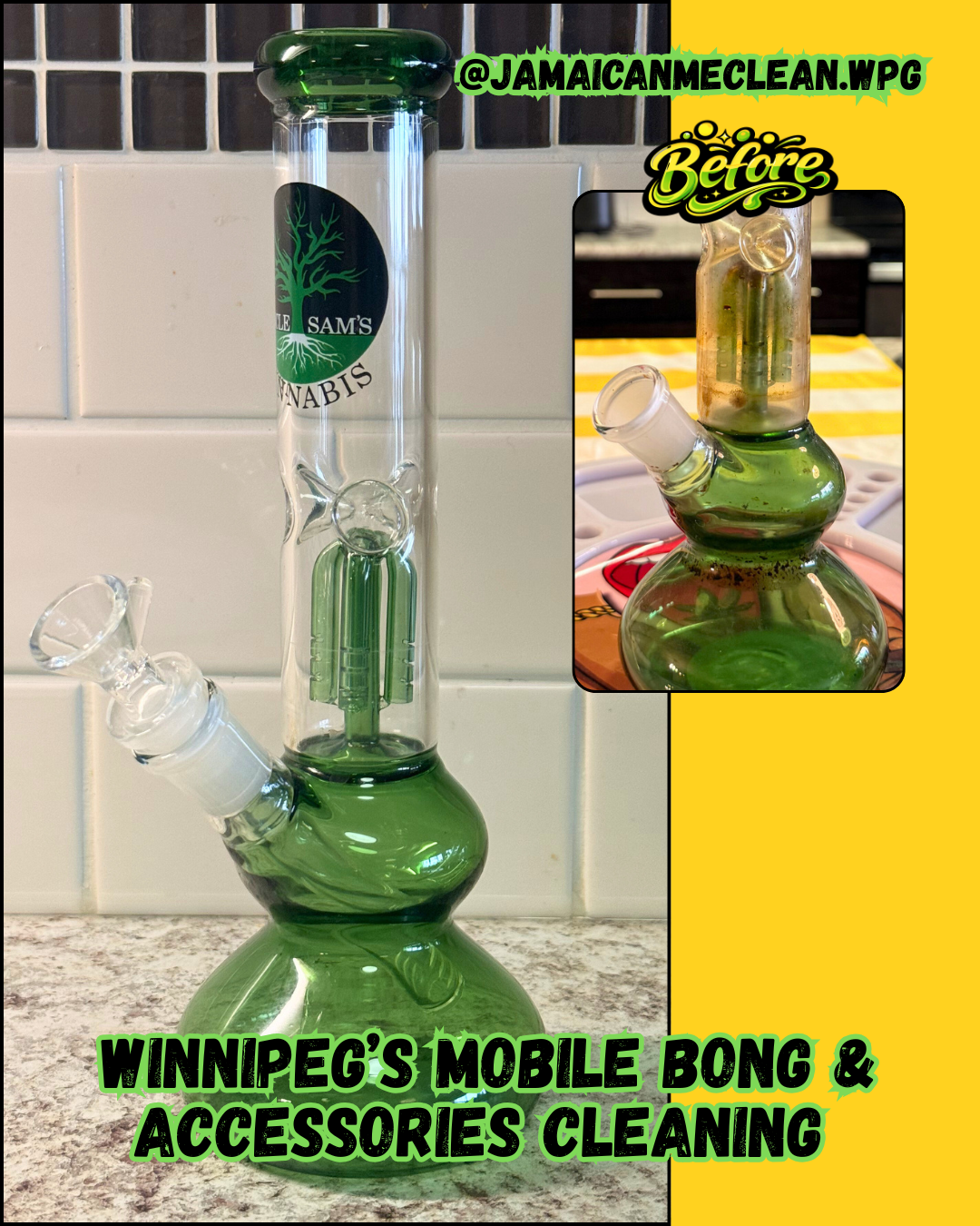 A glass bong with green accents, located on a kitchen countertop, with an inset image showing the dirty bong before cleaning, with brown residue inside.