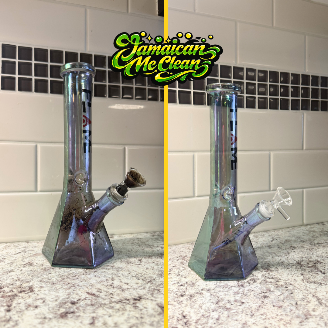 A glass bong with a blackened bowl on the left, clean and empty on the right, against a tiled kitchen backsplash.