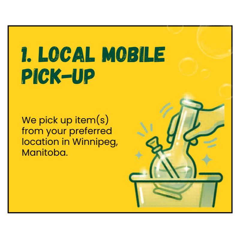 Sign explaining local mobile pick-up service with cartoon illustration of a hand holding a beaker bong, on a bright yellow background.