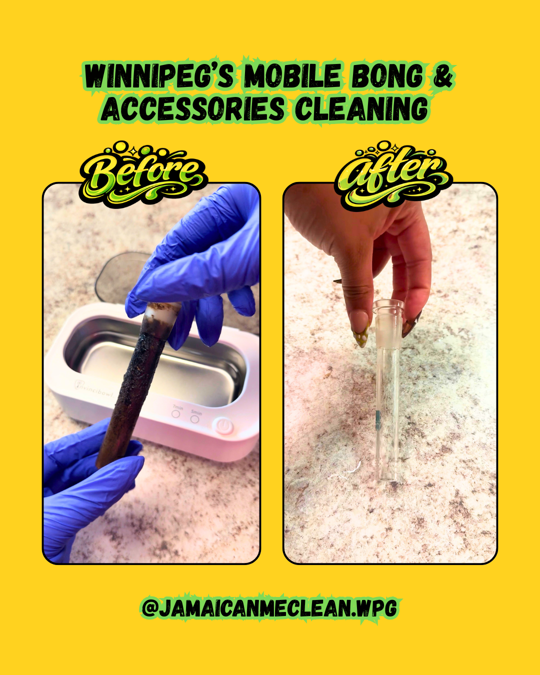 Comparison of a bong downstem before and after cleaning. The 'before' shows a dirty downstem with residue, while the 'after' shows a clean, clear glass downstem tube.