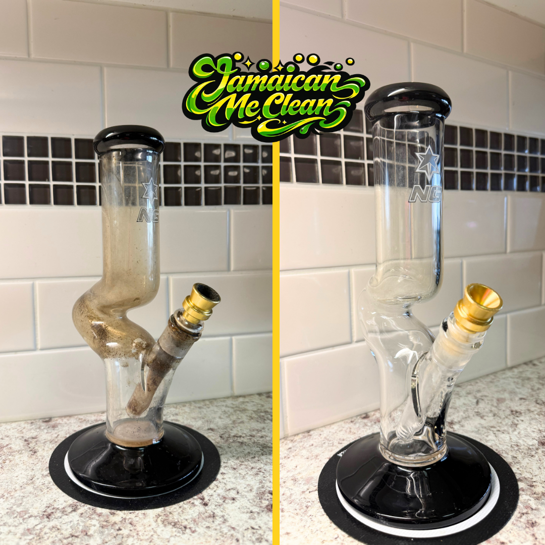 A side-by-side comparison of a dirty and a clean glass bong, with the logo 'Jamaican Me Clean' at the top.