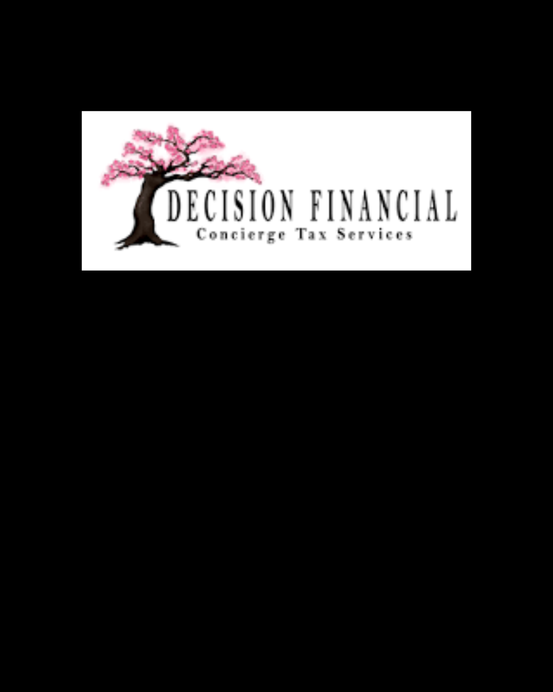 Logo of Decision Financial with a pink flowering tree and the text 'Decision Financial, Concierge Tax Services'.
