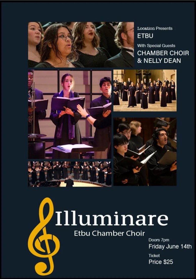 Poster advertising a concert by the Etbu Chamber Choir called 'Illuminare' with special guests Chamber Choir & Nelly Dean, scheduled for Friday, June 14th at 7 pm with a ticket price of $25. The poster features images of choir singers performing.