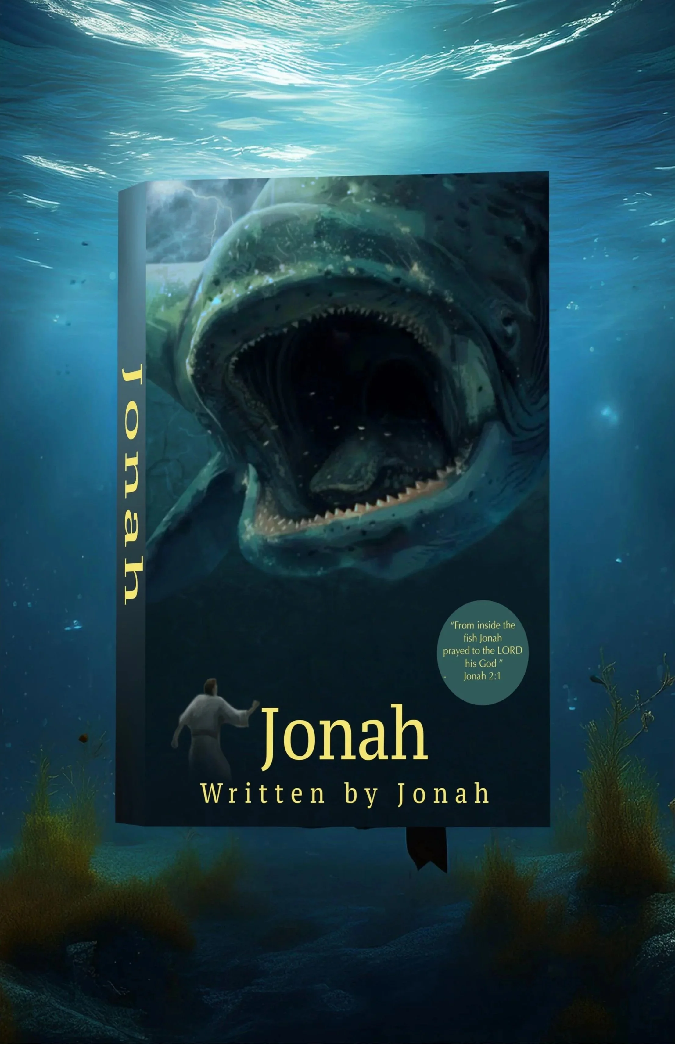 An underwater scene featuring a giant fish with an open mouth, alongside a person reaching out towards a book titled 'Jonah.' The book cover depicts the fish and a small figure, with a quote from the Bible, Jonah 2:1, in a circle. The book appears to