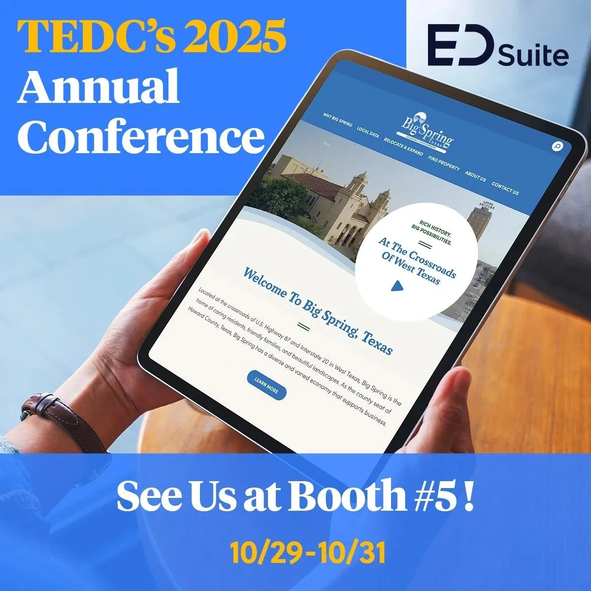 Advertisement for TEDC's 2025 Annual Conference, held from October 29 to October 31, displayed on a smartphone with a brochure about Big Spring, Texas, mentioning its history and attractions, with a blue and yellow color scheme.