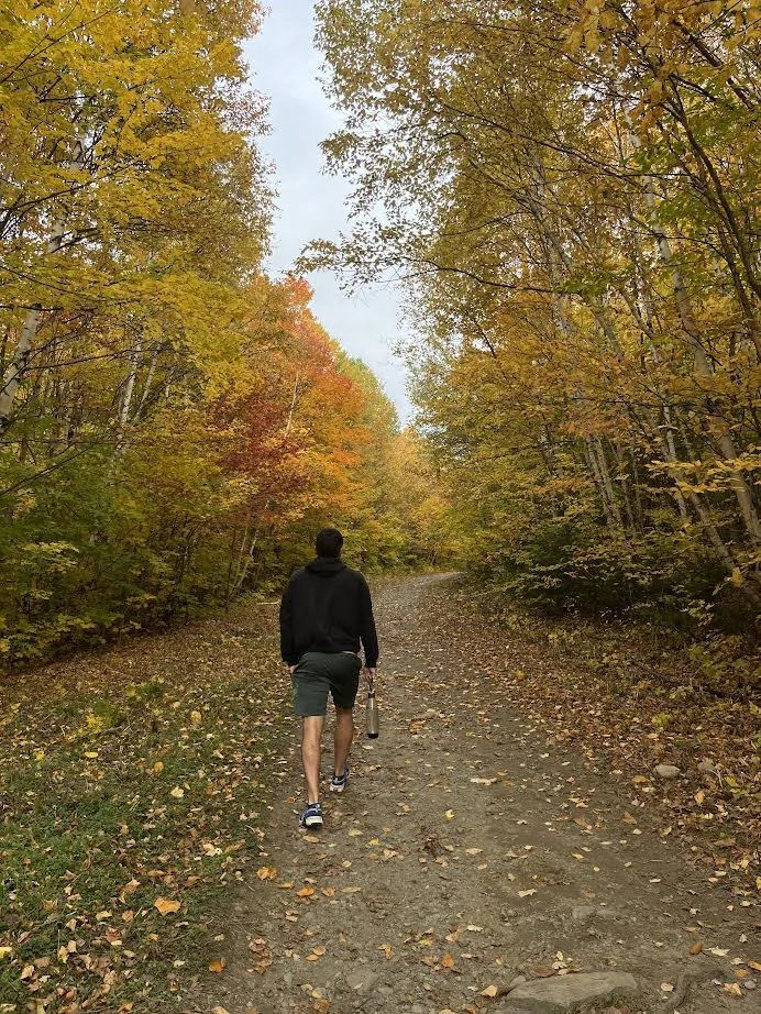 male walking in the woods