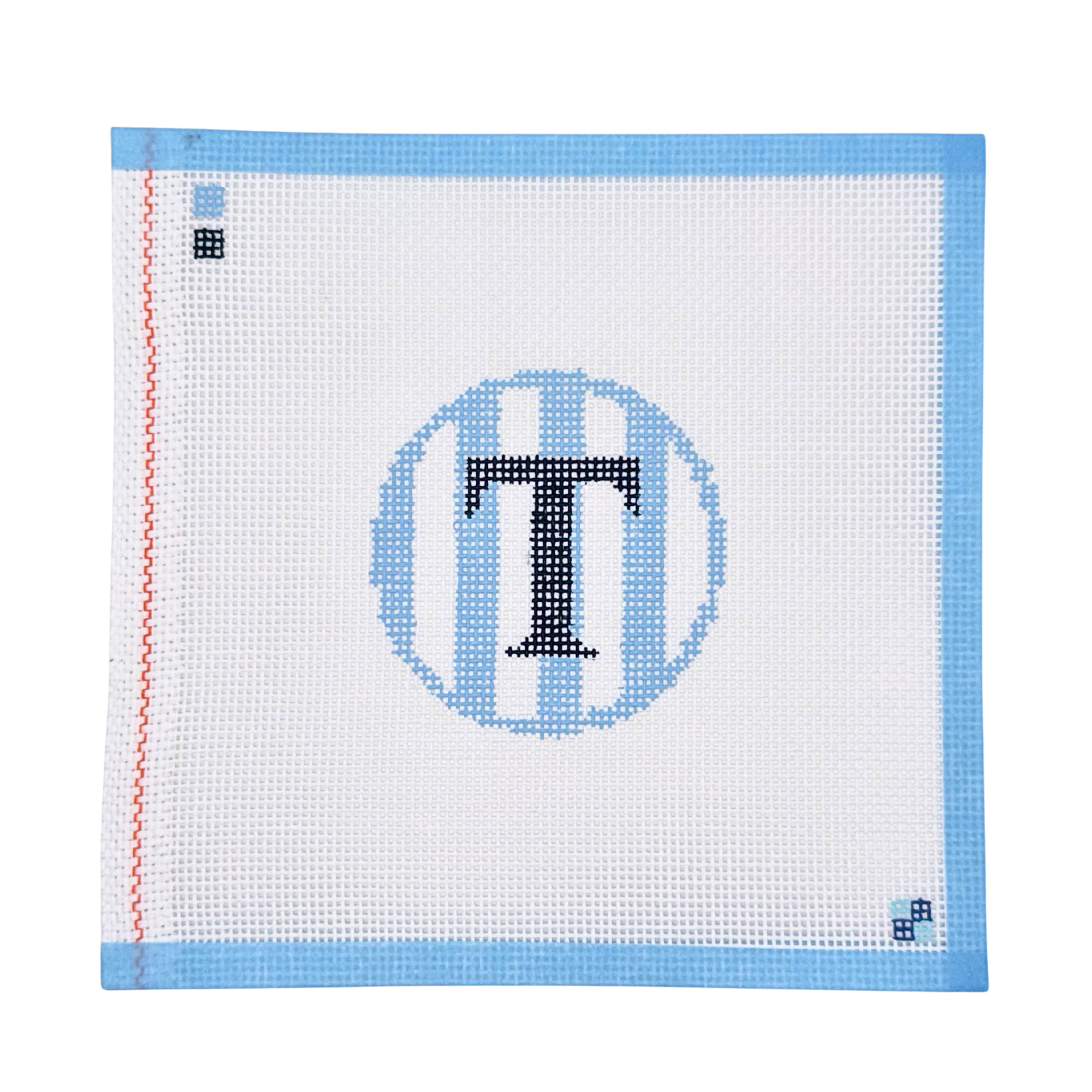 Hand-painted blue stripe letter T needlepoint canvas from McCain Collective.