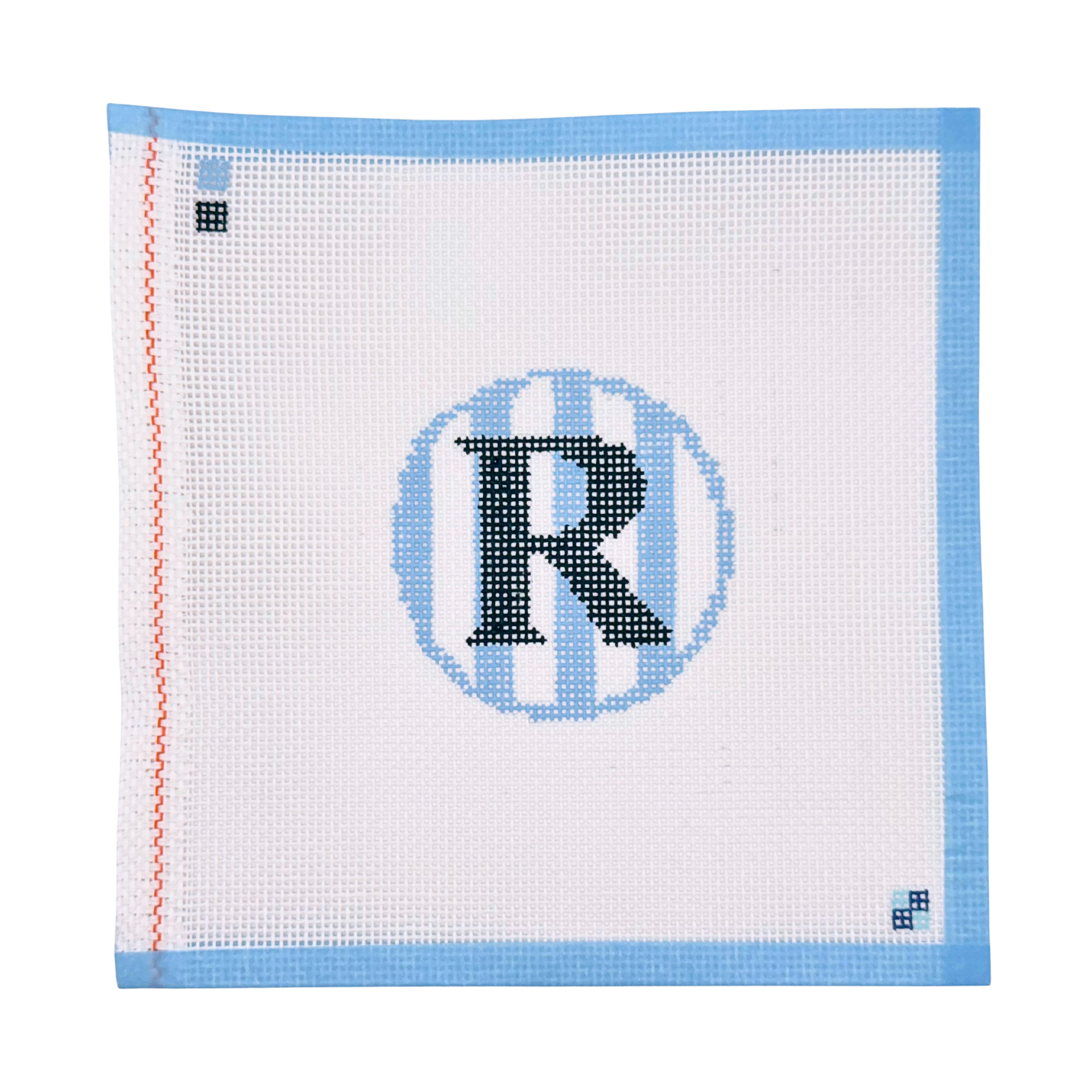 Hand-painted blue stripe letter R needlepoint canvas from McCain Collective.