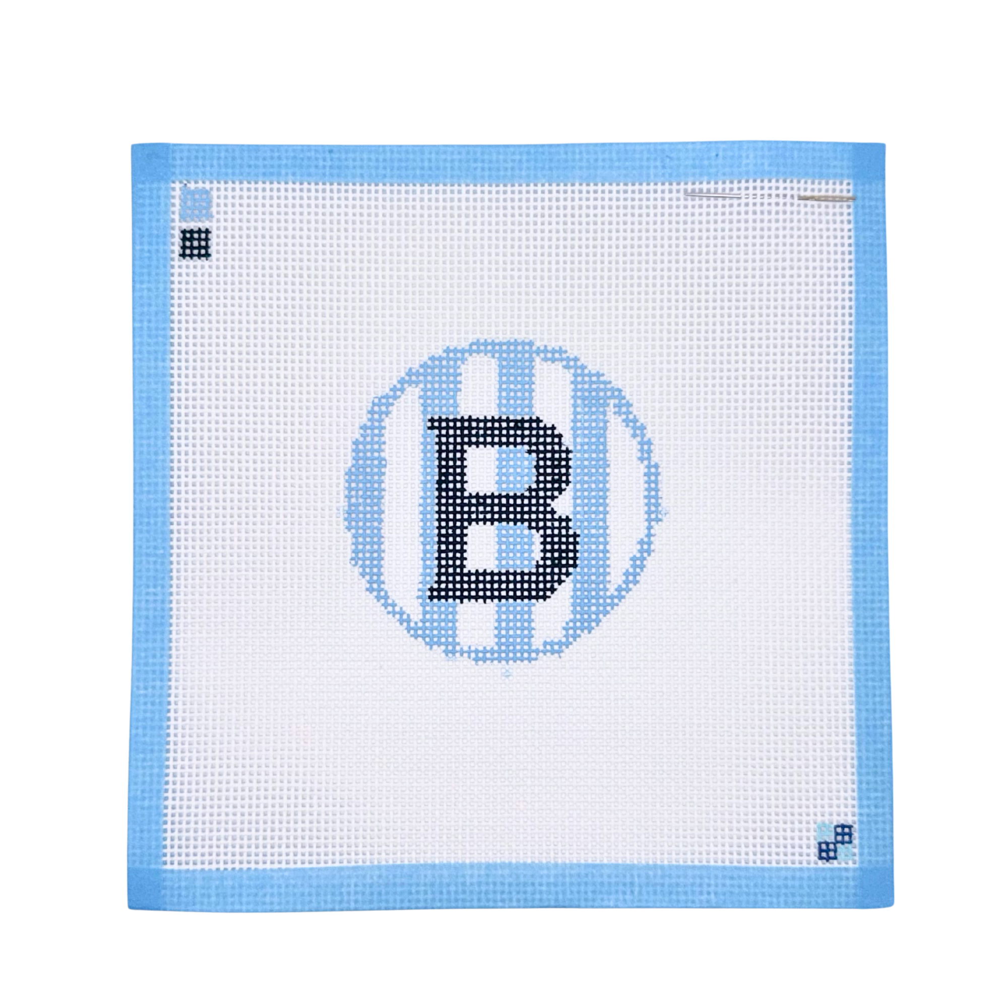 Hand-painted blue stripe letter B needlepoint canvas from McCain Collective.