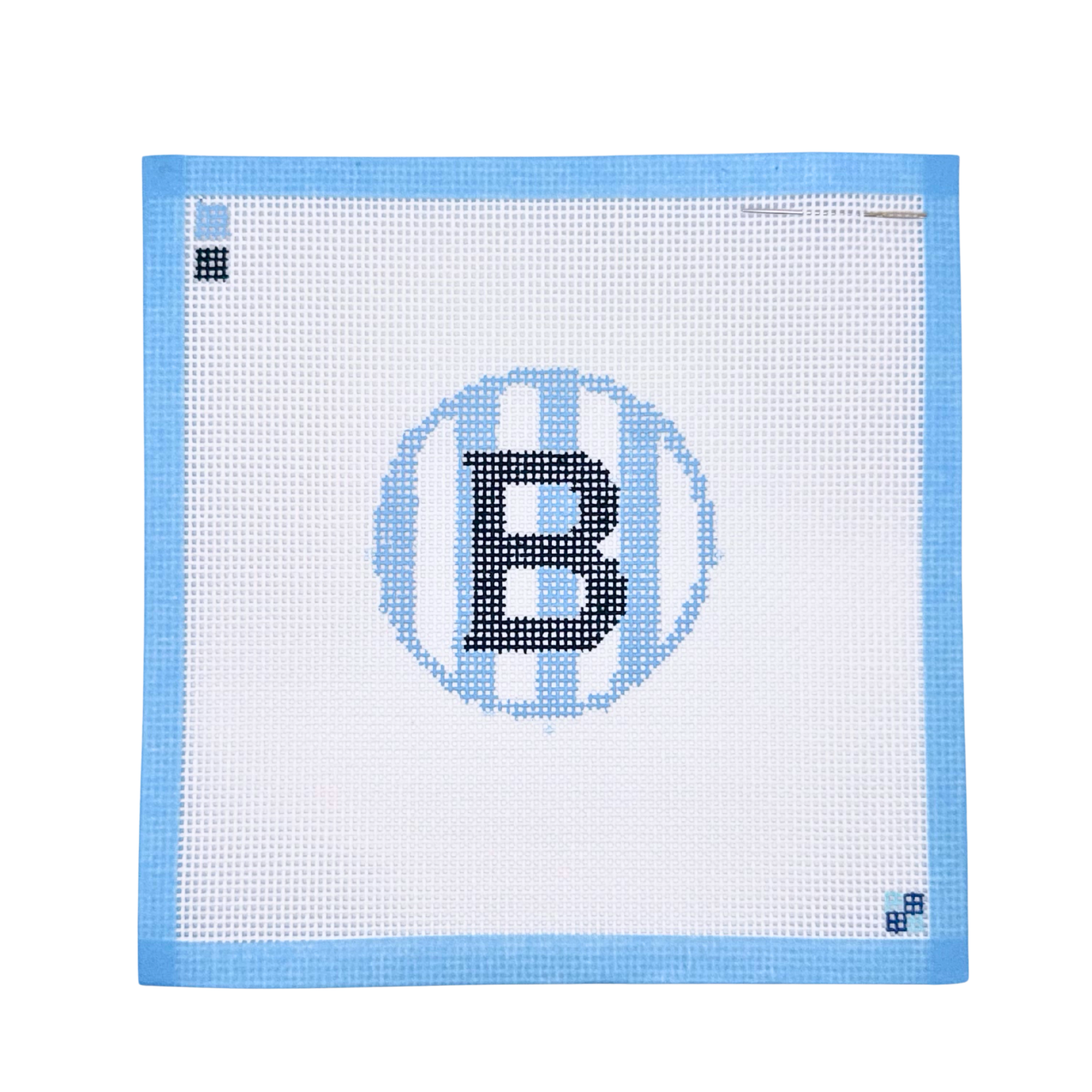 Hand-painted blue stripe letter B needlepoint canvas from McCain Collective.