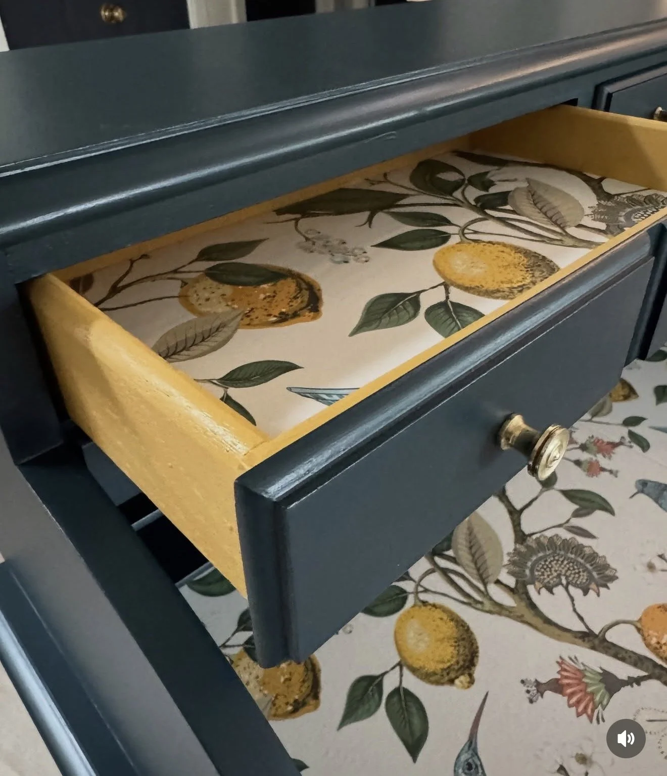 Open drawer of a navy blue cabinet with a shiny brass knob, revealing a floral patterned lining with lemons and leaves.
