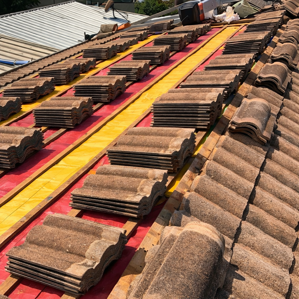 Stacked clay roof tiles on a roof under repair, with some tiles removed and new ones being prepared.