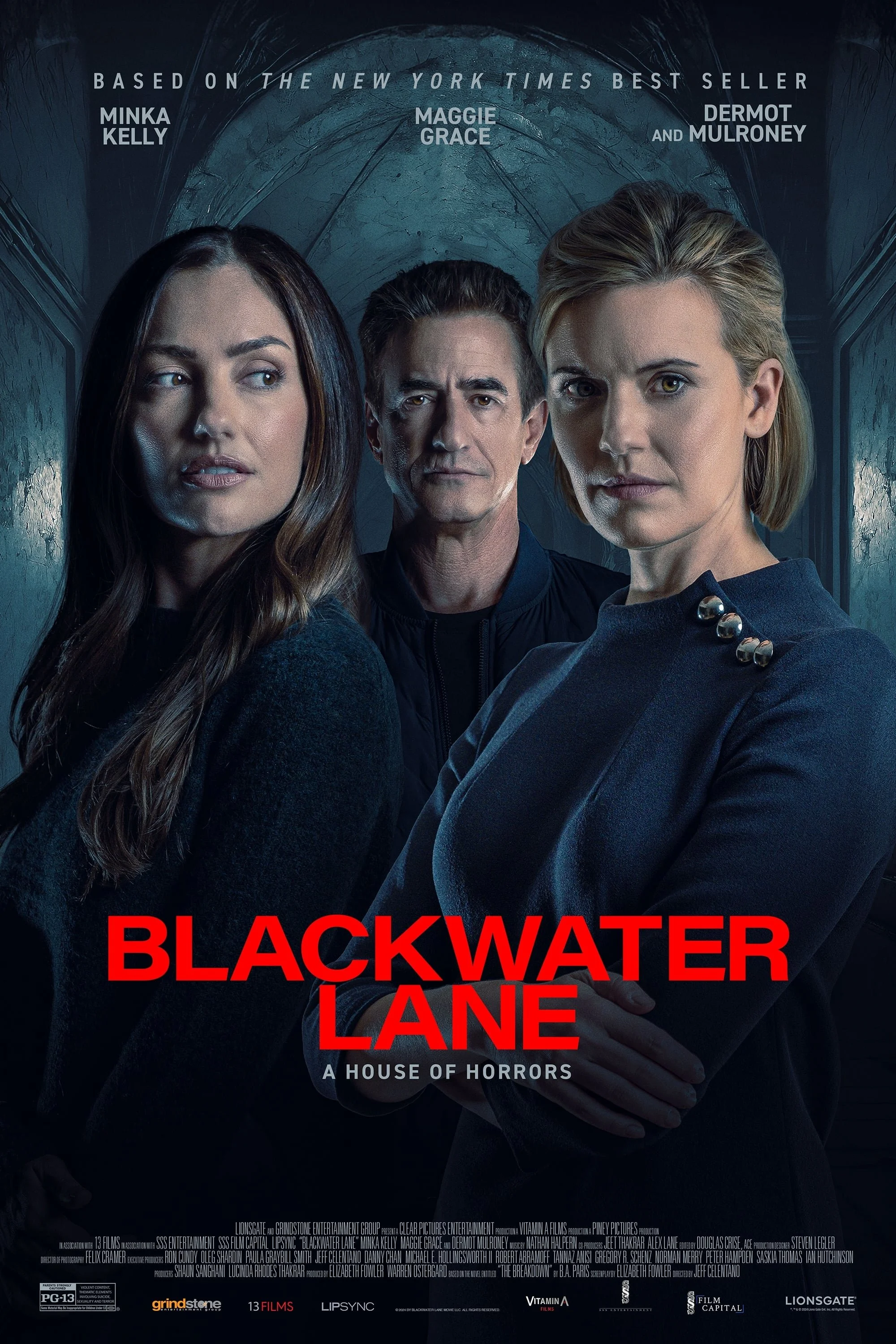 Promotional poster for the film 'Blackwater Lane,'  based on B.A. Paris book The Breakdown  featuring three cast members, two women and one man, title in red text and a dark, atmospheric background. Stars Minka Kelly, Maggie Grace,  Dermot Mulroney