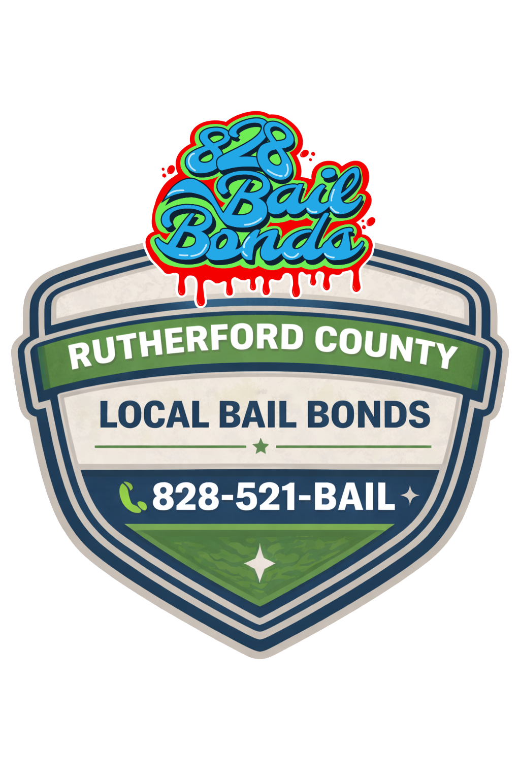 A badge-style sign advertising Rutherford County's local bail bonds service, with the logo '828 Bail Bonds' at the top, a phone number 828-521-BAIL, and a green and blue color scheme.