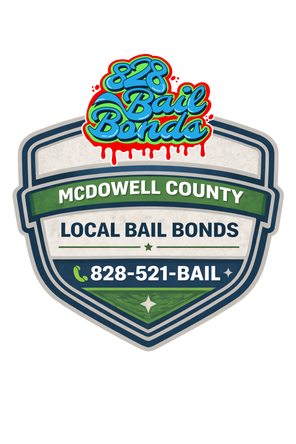 A colorful badge-style graphic with the words '28th Bail Braw' at the top, 'McDowell County' in a green banner, and text indicating 'Local Bail Bonds' with a phone number 828-521-BAIL and a stylized green landscape at the bottom.