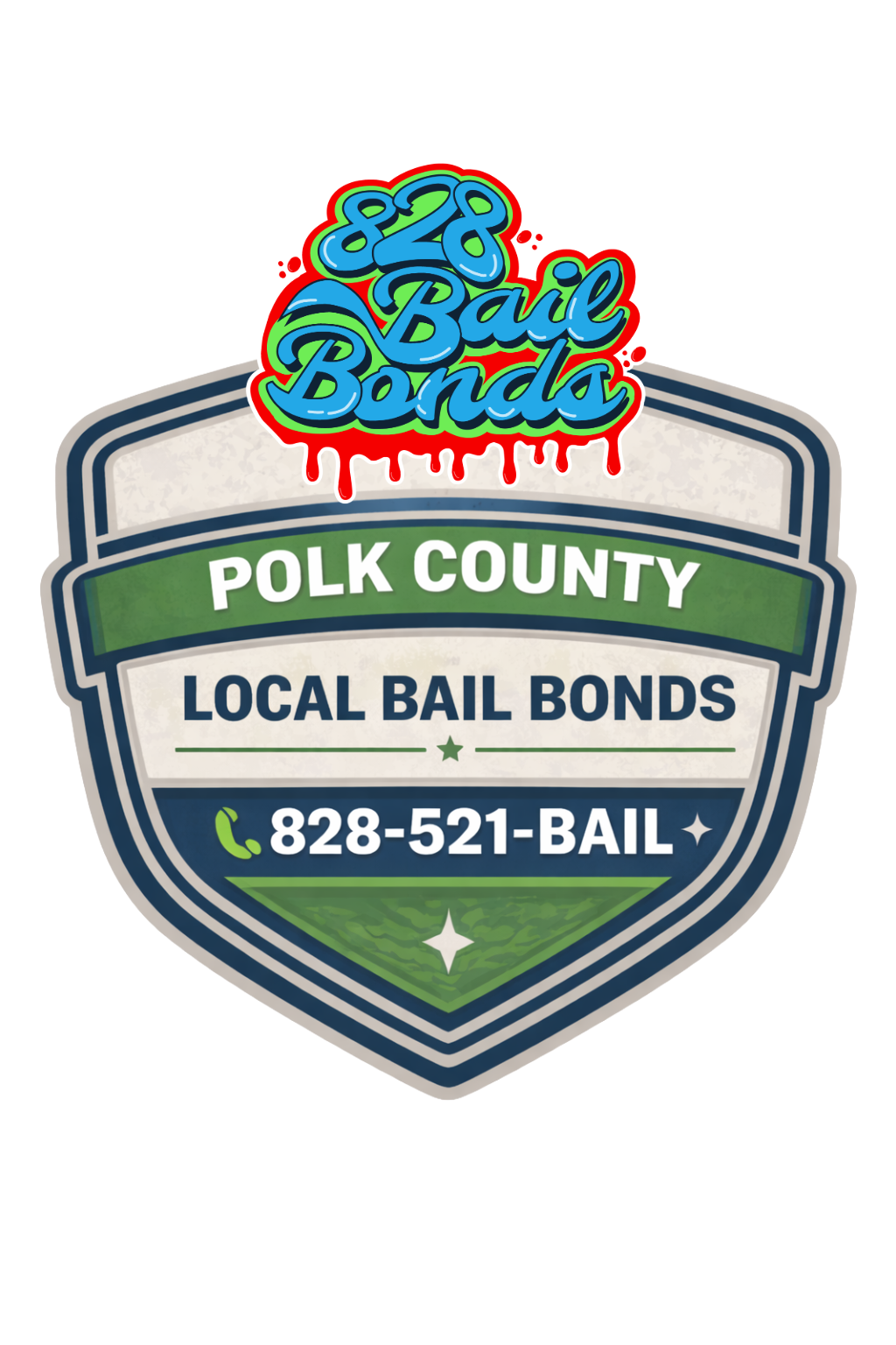 Badge-style sign promoting Polk County's bail bonds services with a phone number 828-521-BAIL, featuring colorful graffiti-style text at the top.