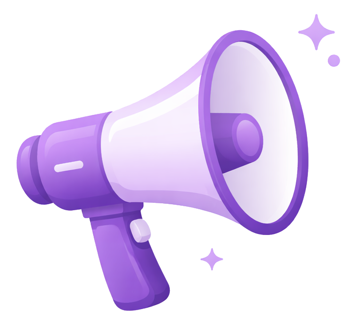 A purple and white megaphone with sparkles around it.
