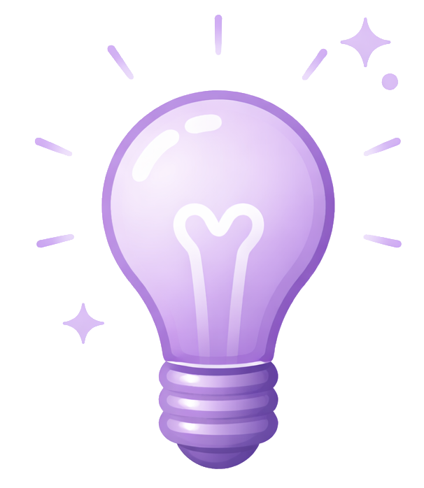 A stylized purple light bulb with sparkles around it.