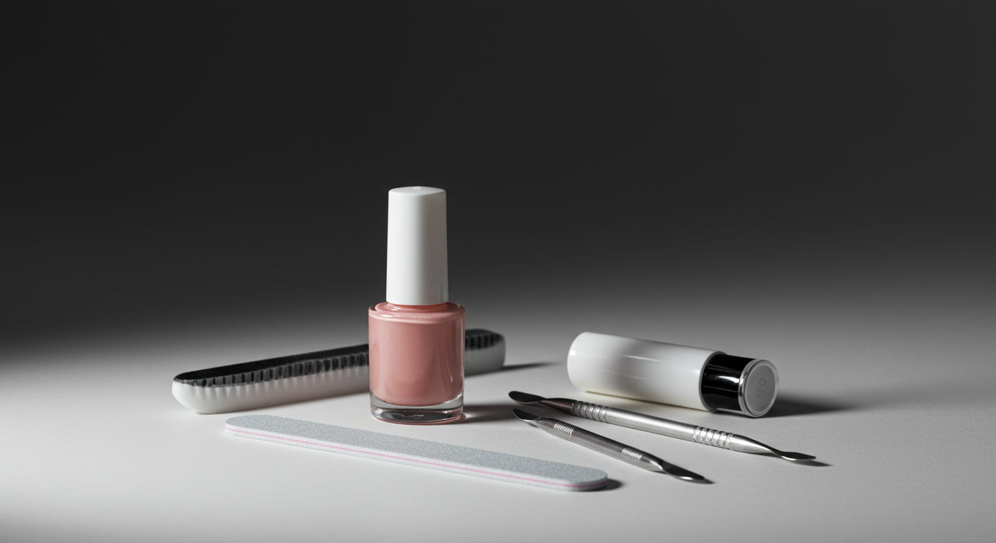 Nail polish bottle, two manicure tools, a nail file, and a bottle of cream on a plain surface with a dark gradient background.