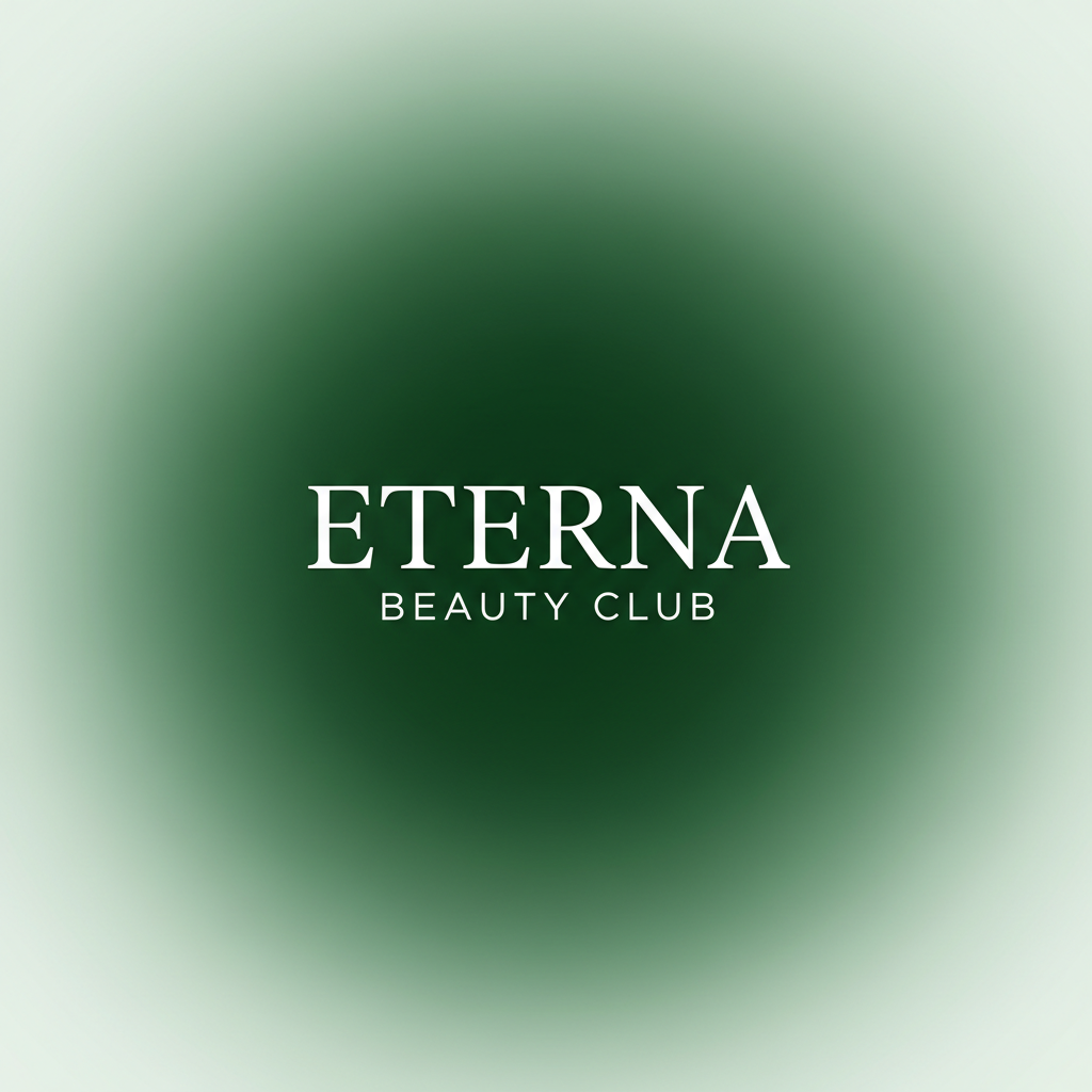 Blurred green background with a white text logo for ETERNA Beauty Club.