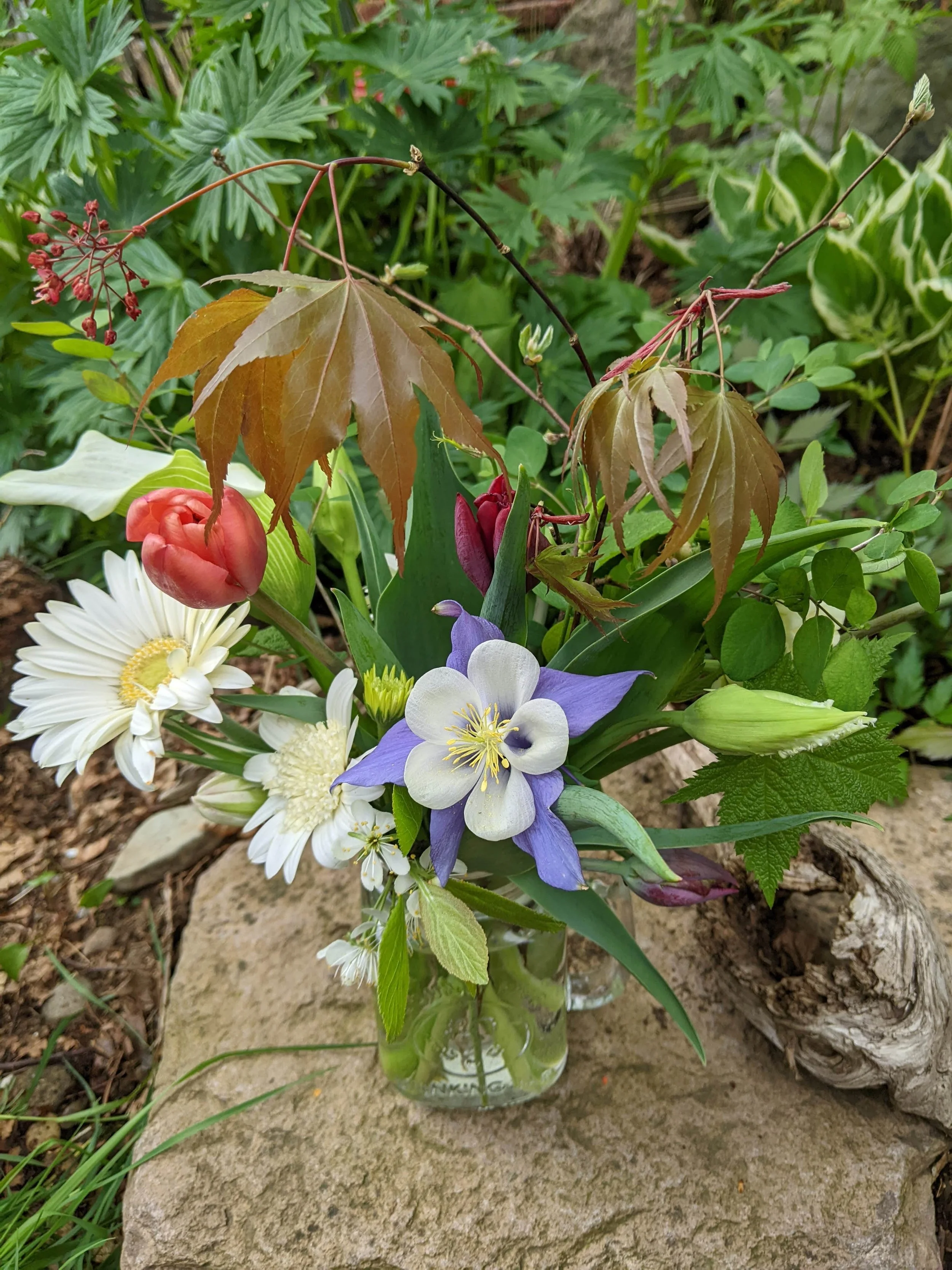 A bouquet of mixed flowers including white daisies, purple columbine, and pink tulips with green foliage, in a glass vase placed on a stone outdoors.
