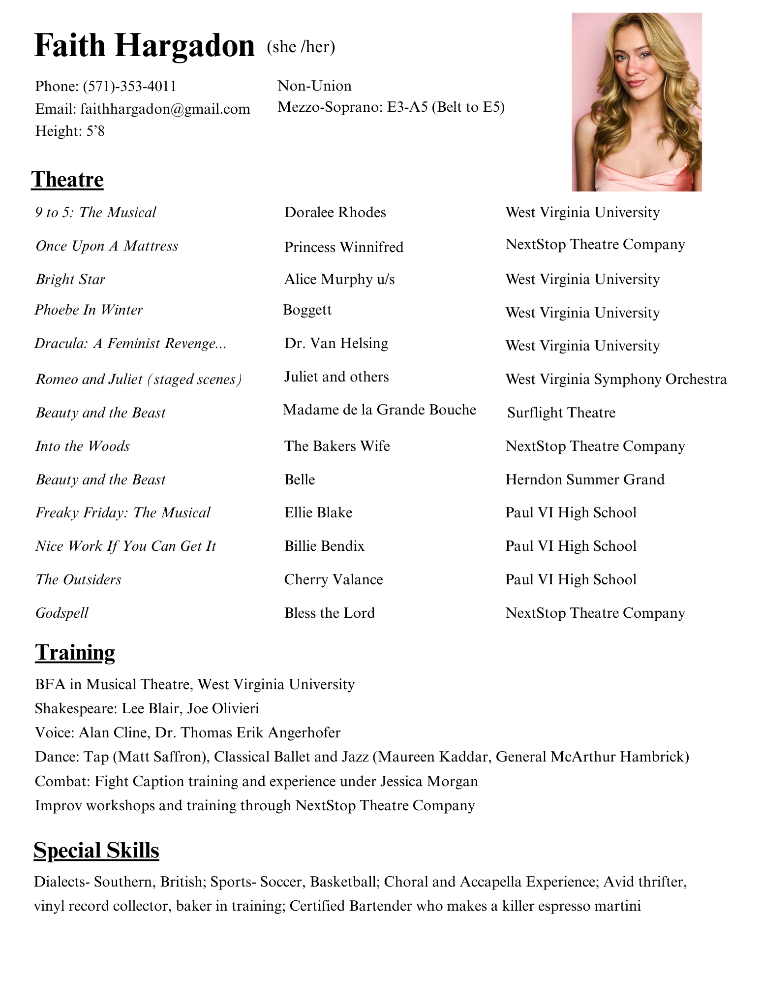 A resume of Faith Hargadon, showing her contact information, physical features, theatre experience, training, and special skills. Includes a professional headshot of a woman with blonde hair and a pink top against a pink background.