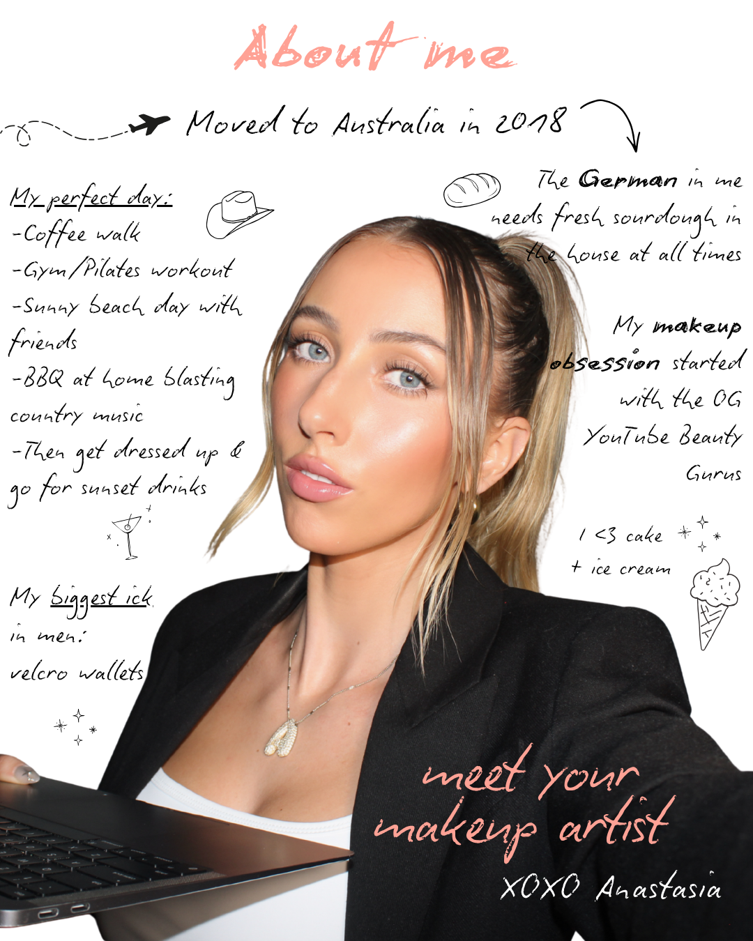 Makeup by Anastasia, Melbourne makeup artist, styled with soft glam makeup and a black blazer, surrounded by handwritten notes about her journey into bridal makeup artistry.