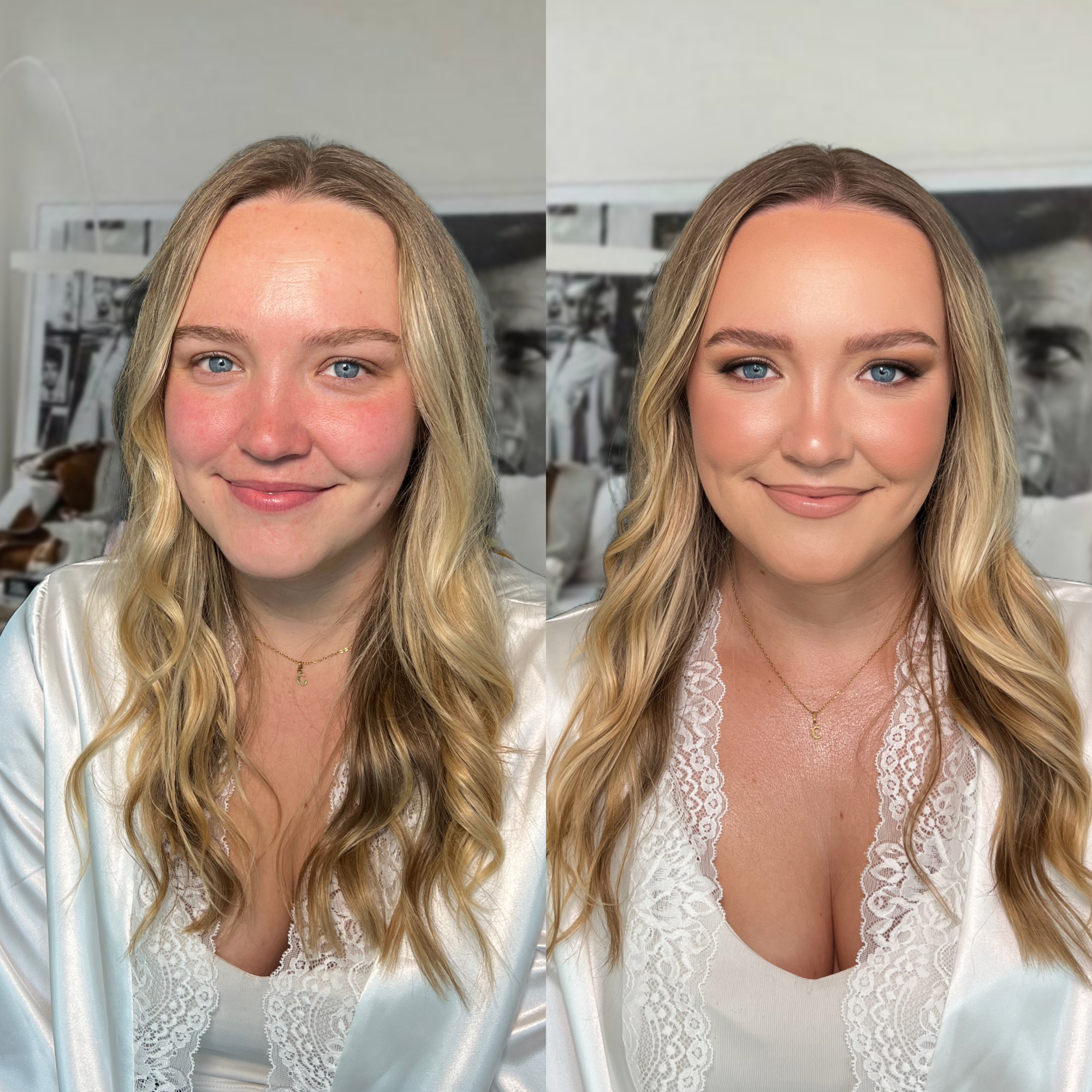 Before and after comparison of natural skin versus soft glam bridal makeup by Melbourne makeup artist Anastasia.