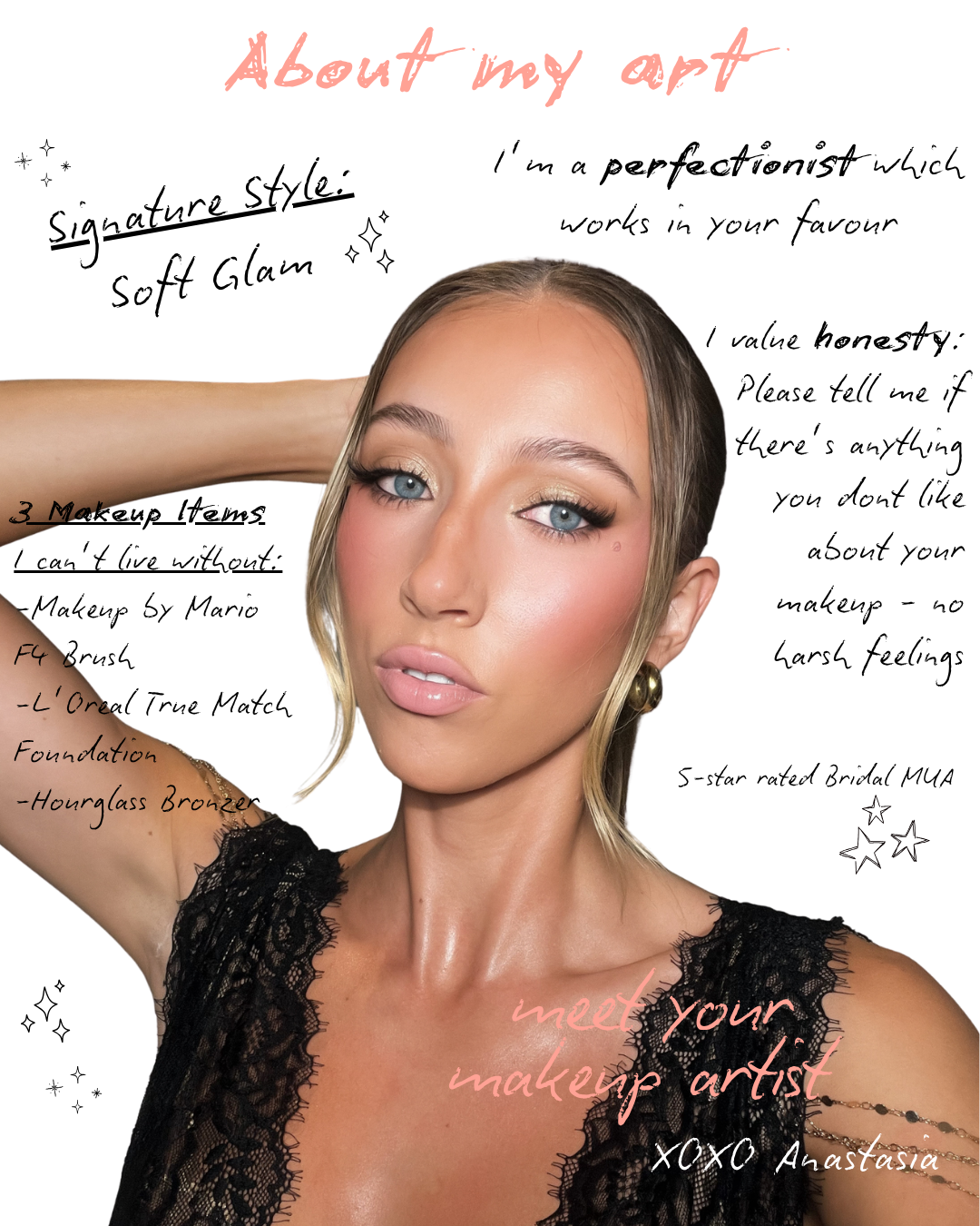 Makeup by Anastasia - Melbourne makeup artist graphic featuring a bridal makeup look with handwritten-style notes about her favourite products and makeup philosophy.