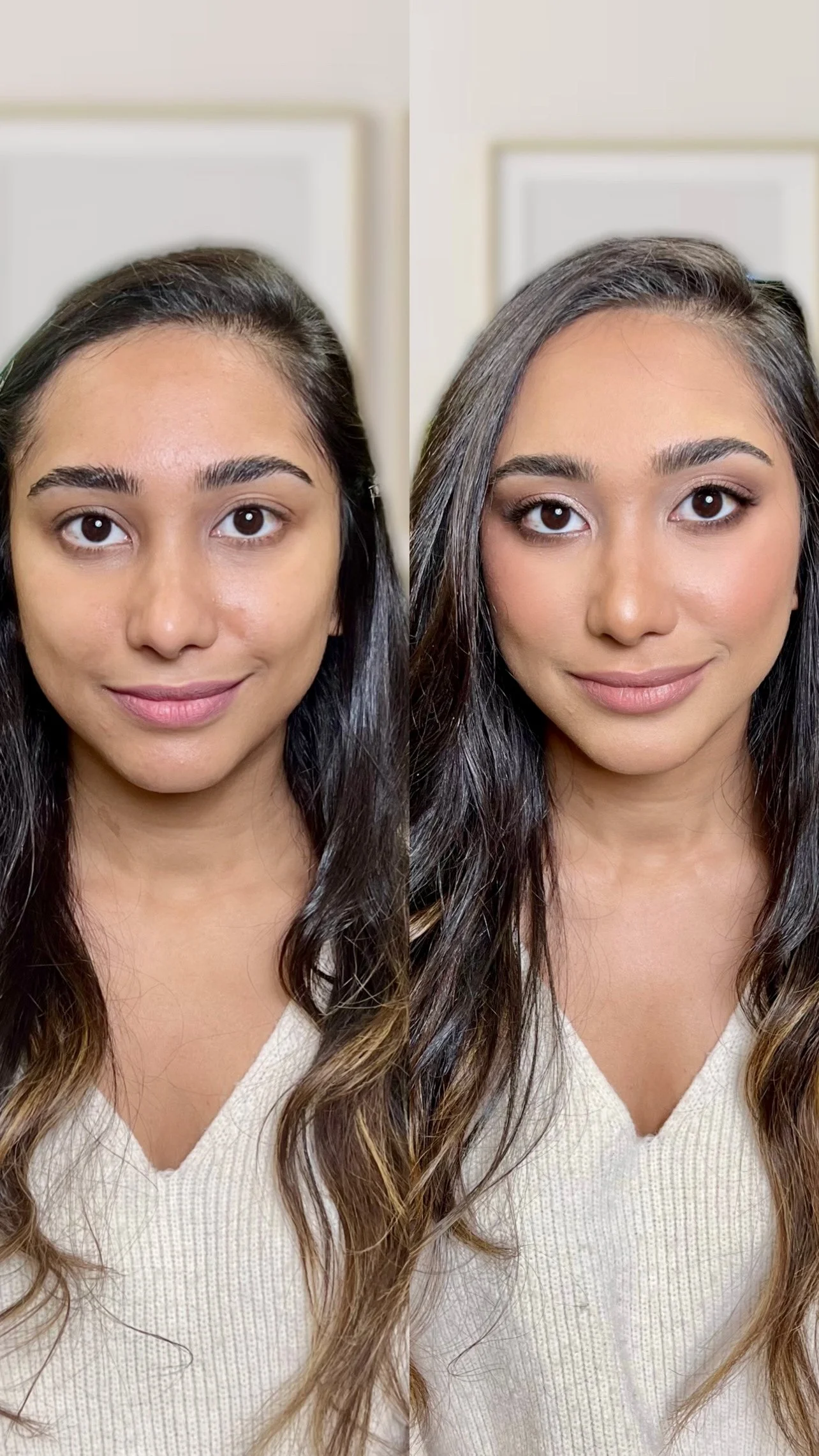 before and after makeup transformation. soft glam makeup on brown skin. 
