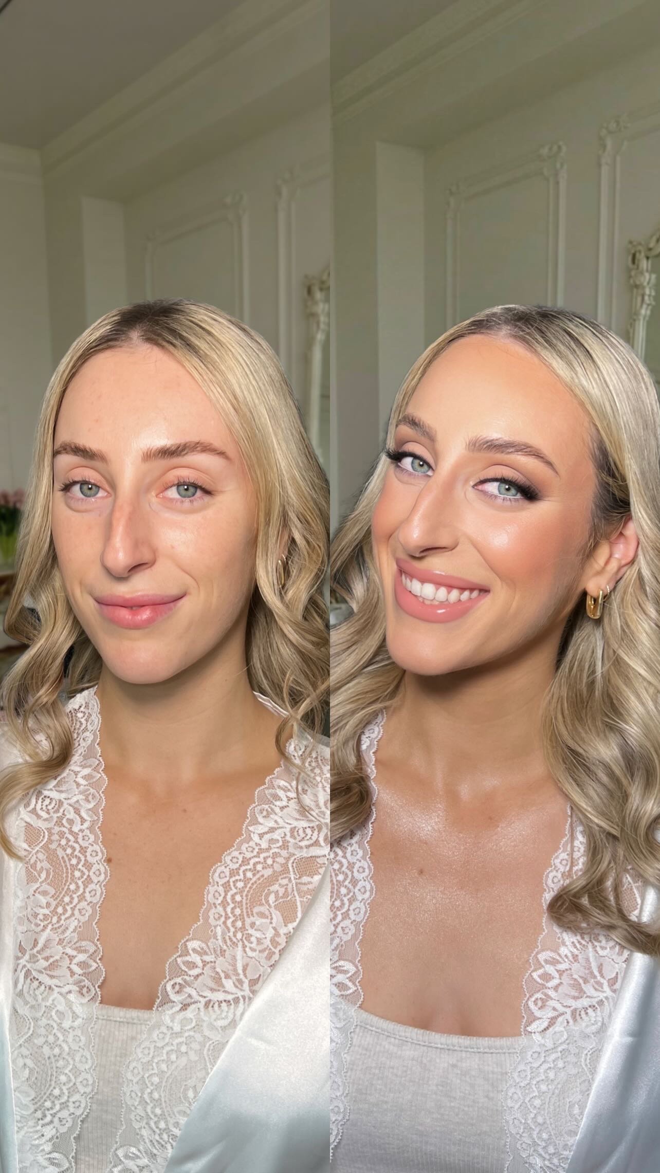 Before and after bridal makeup transformation featuring soft glam eye makeup, foundation, blush and styled hair - Makeup by Anastasia, Melbourne.