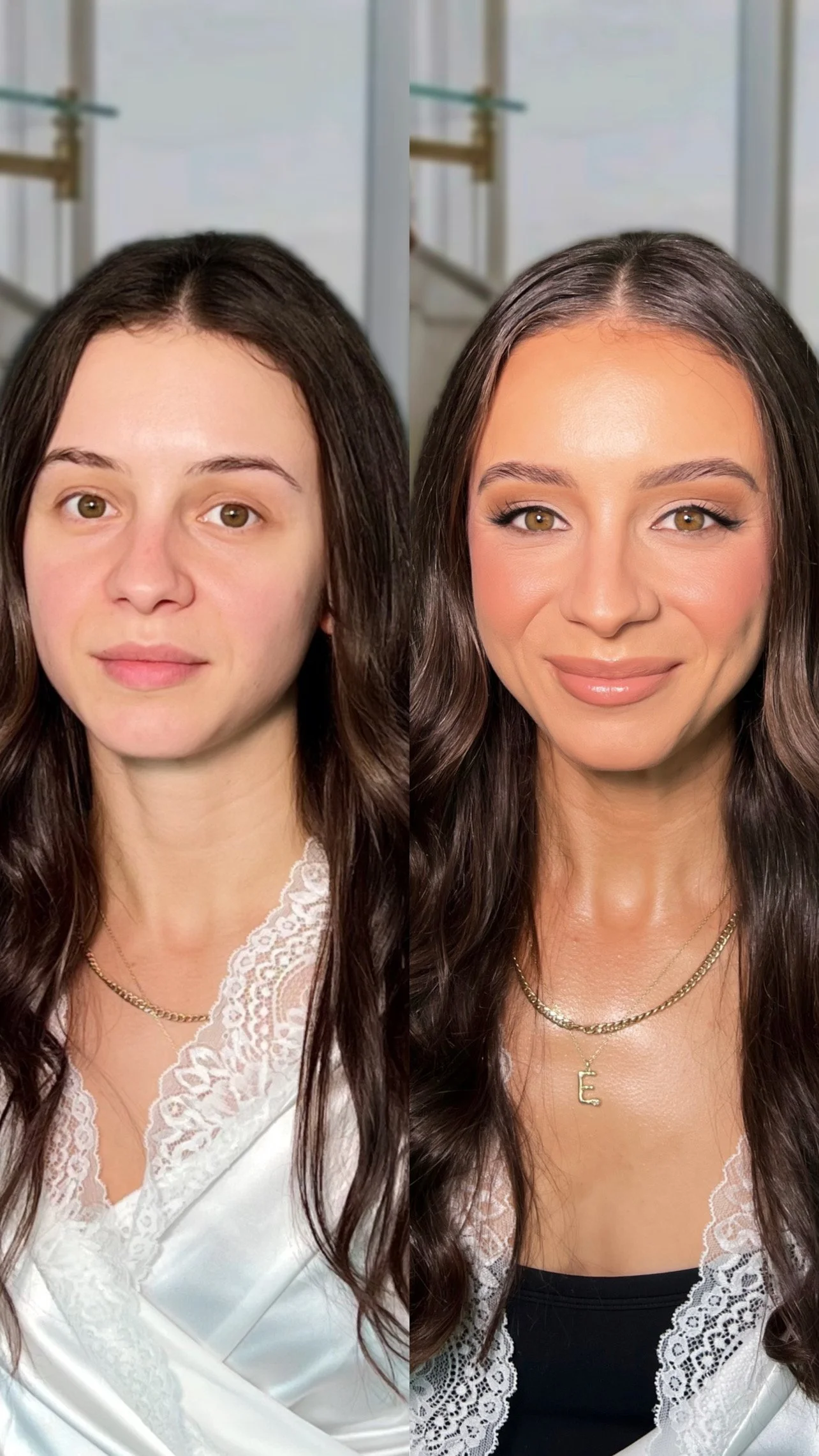 Before and after makeup transformation showing a natural look versus full glam bridal makeup and styled hair by Anastasia, Melbourne.