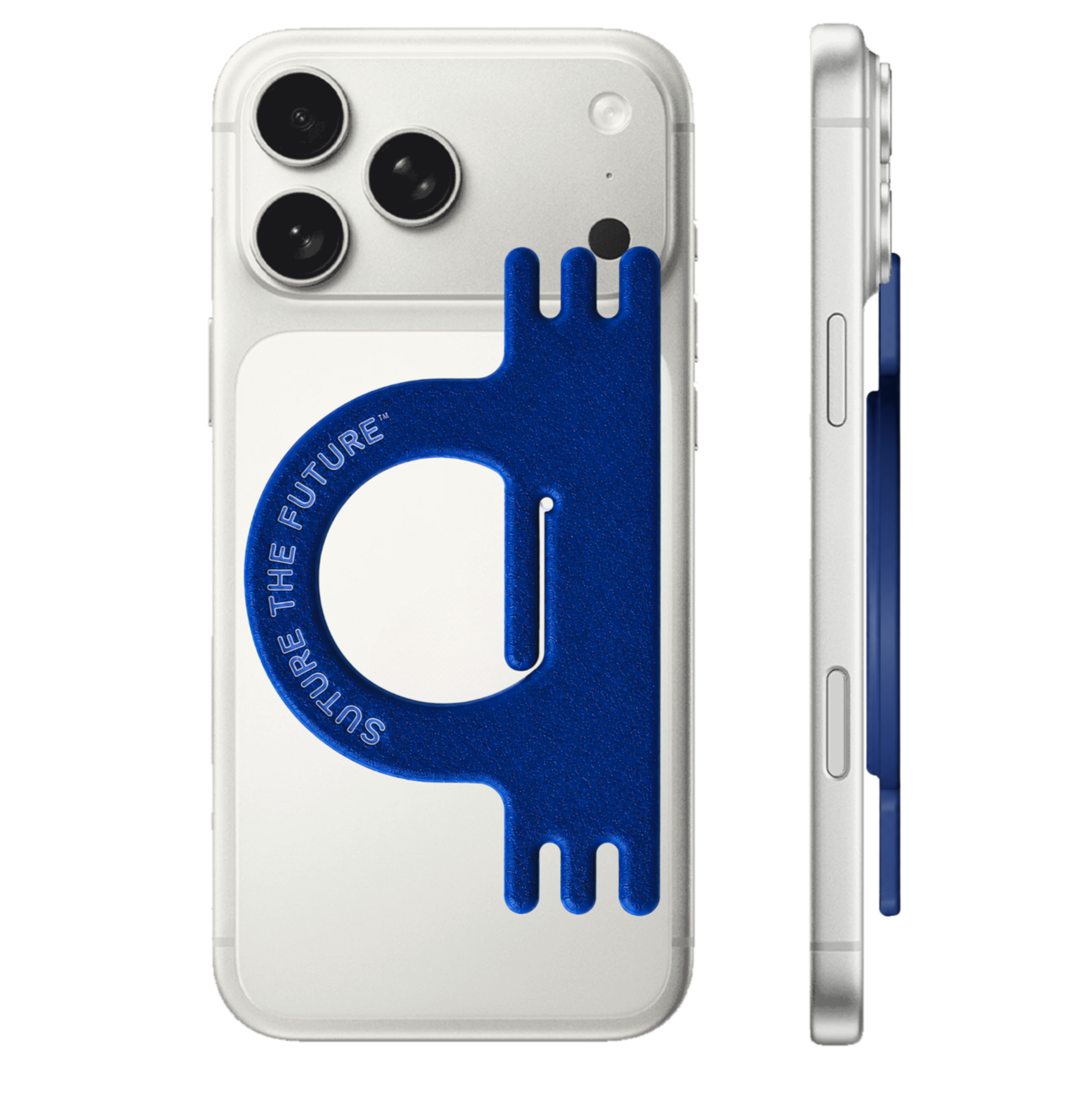 The image shows the backside and side profile of a magsafe smartphone with a dark navy suturing and knot-tying practice tool magnetically attached on the back. Even with the tool, the profile is sleek, demonstrating the practice tool's portability.