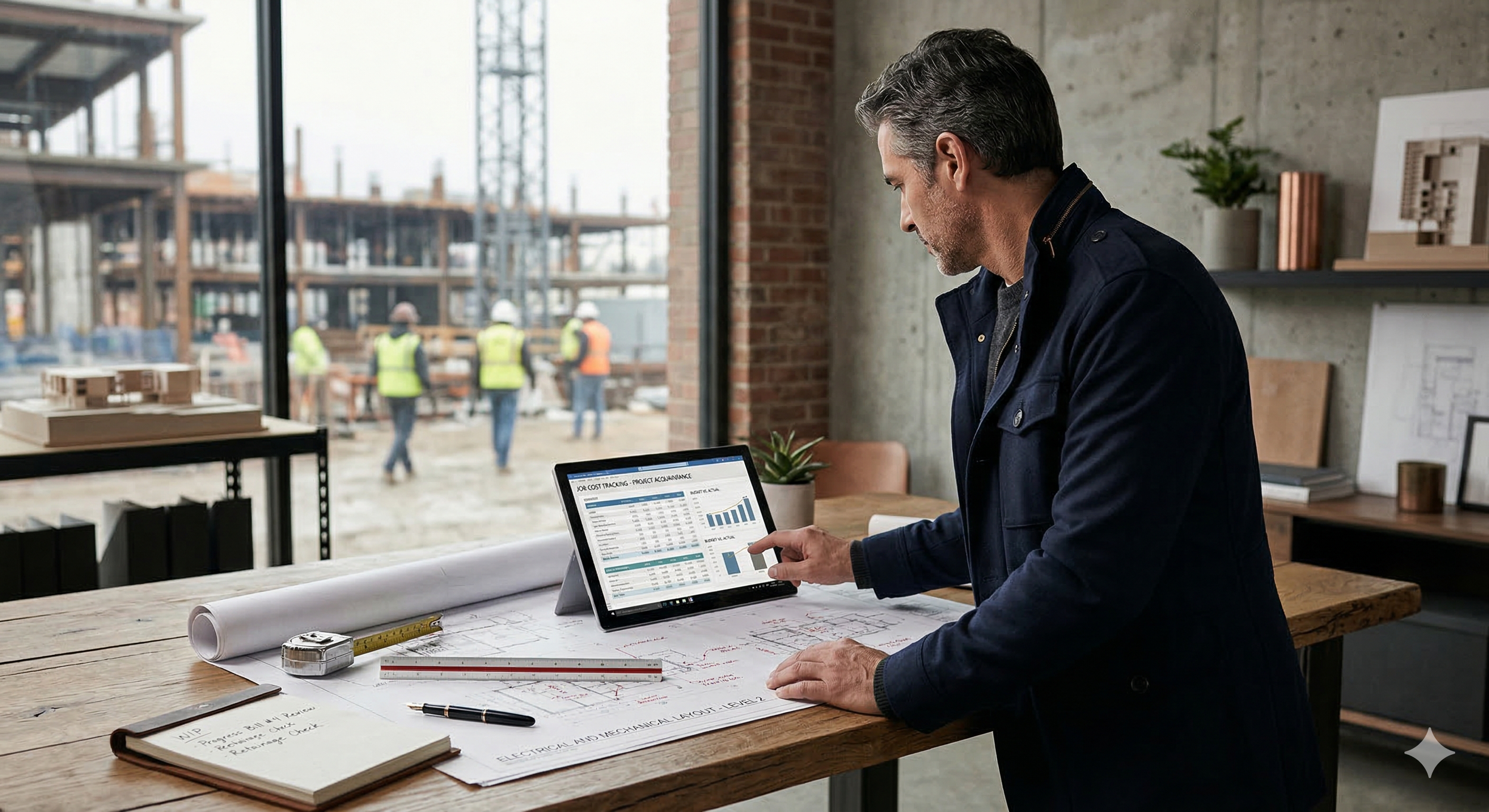 A man working with a tablet displaying graphs and charts at an architect's desk, overlooking a construction site with workers in safety vests outside.