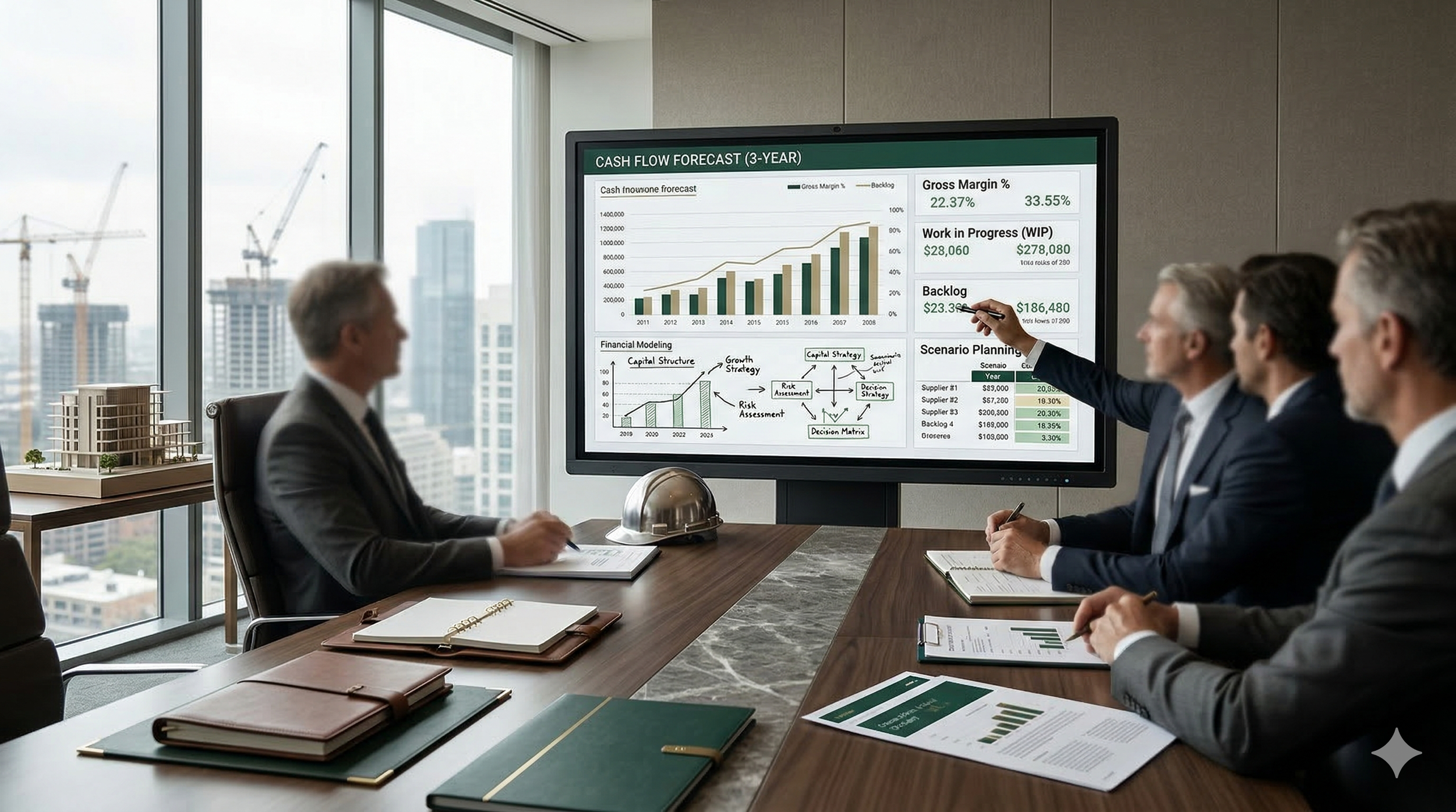 Business meeting in a high-rise office with five men in suits discussing financial data displayed on a large screen, with cityscape and construction cranes visible through windows.