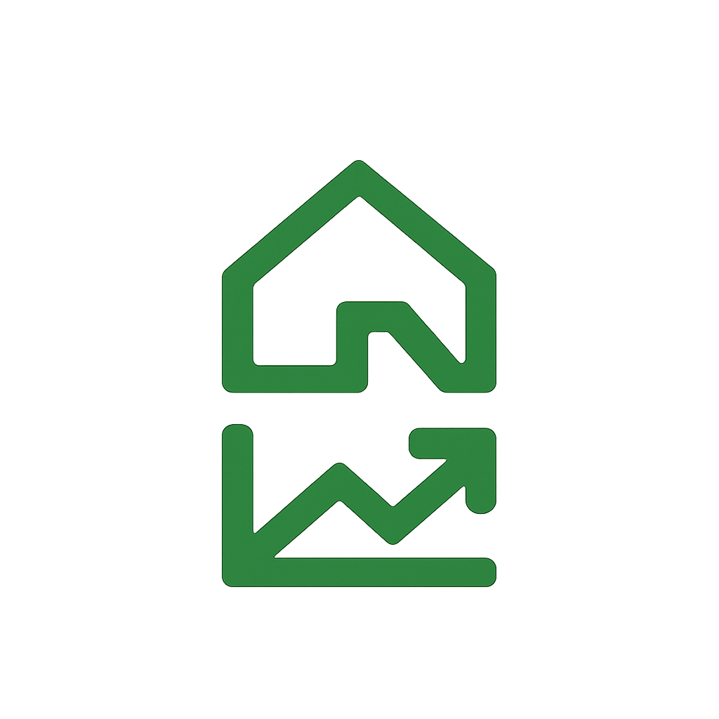Green icon of a house with an upward trending arrow inside a document or report outline.