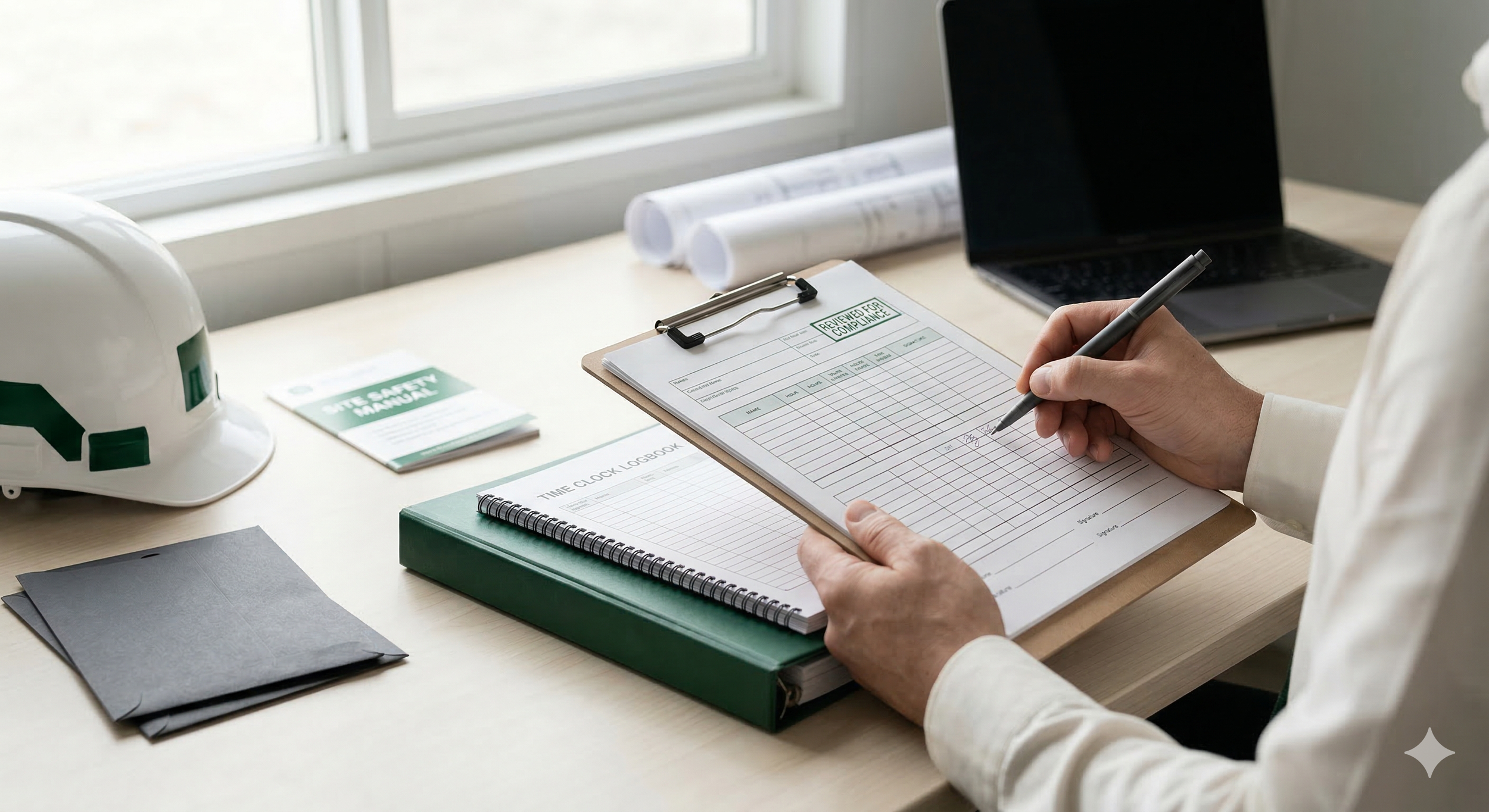 A person in a white shirt sitting at a desk, filling out a compliance review form on a clipboard. The desk has a safety helmet, brochures, a spiral notebook labeled "Time Clock Log Book," and a laptop. There are rolled-up blueprints near a window.